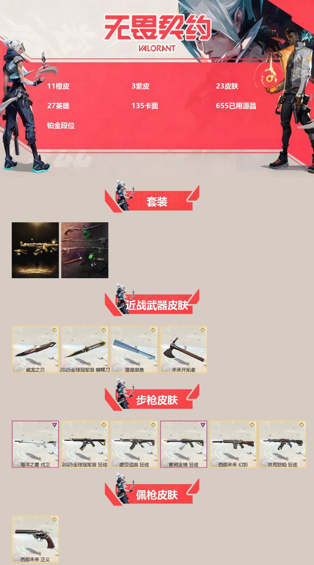 无畏契约账号QQ[]11橙皮 3紫皮 23皮肤 27英雄 135卡面 655已用源晶 铂金段位 
【套装】西部未来,