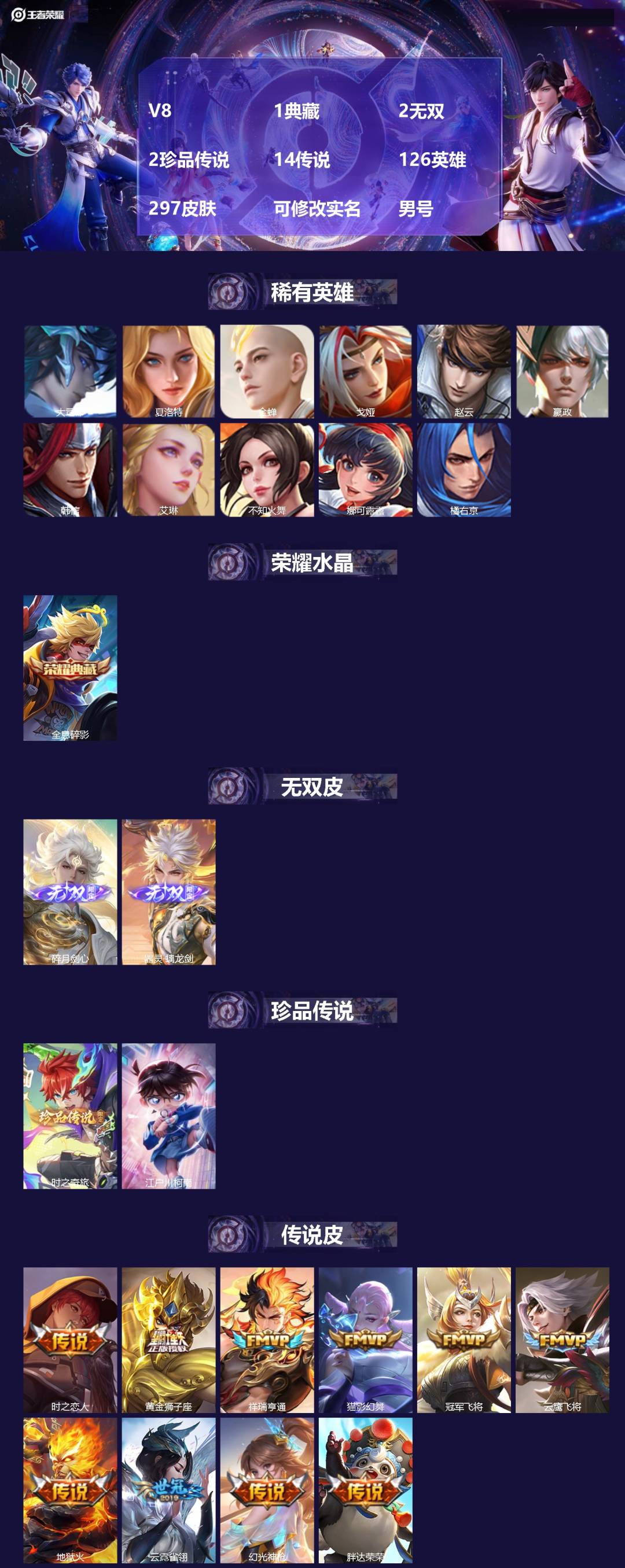 王者荣耀账号安卓QQ[]V8 1典藏 2无双 2珍品传说 14传说 126英雄 297皮肤 可修改实名 
【稀有英雄】大