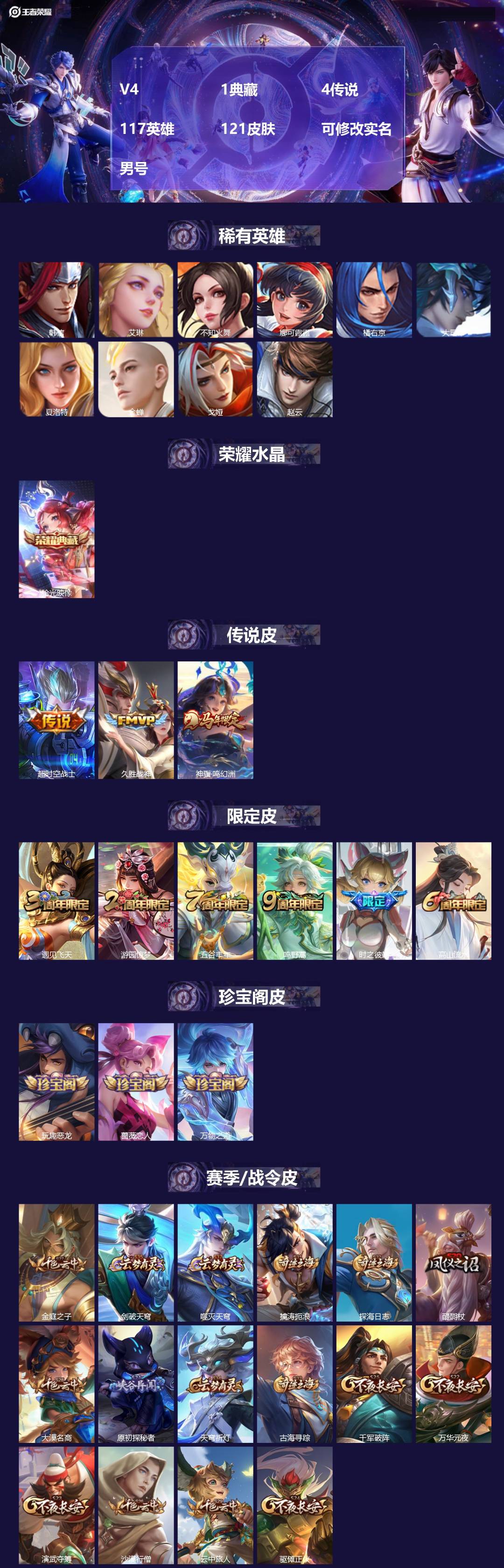 王者荣耀账号安卓QQ[]V4 1典藏 4传说 117英雄 121皮肤 可修改实名 男号 
【英雄全皮】孙权全皮,影全皮,