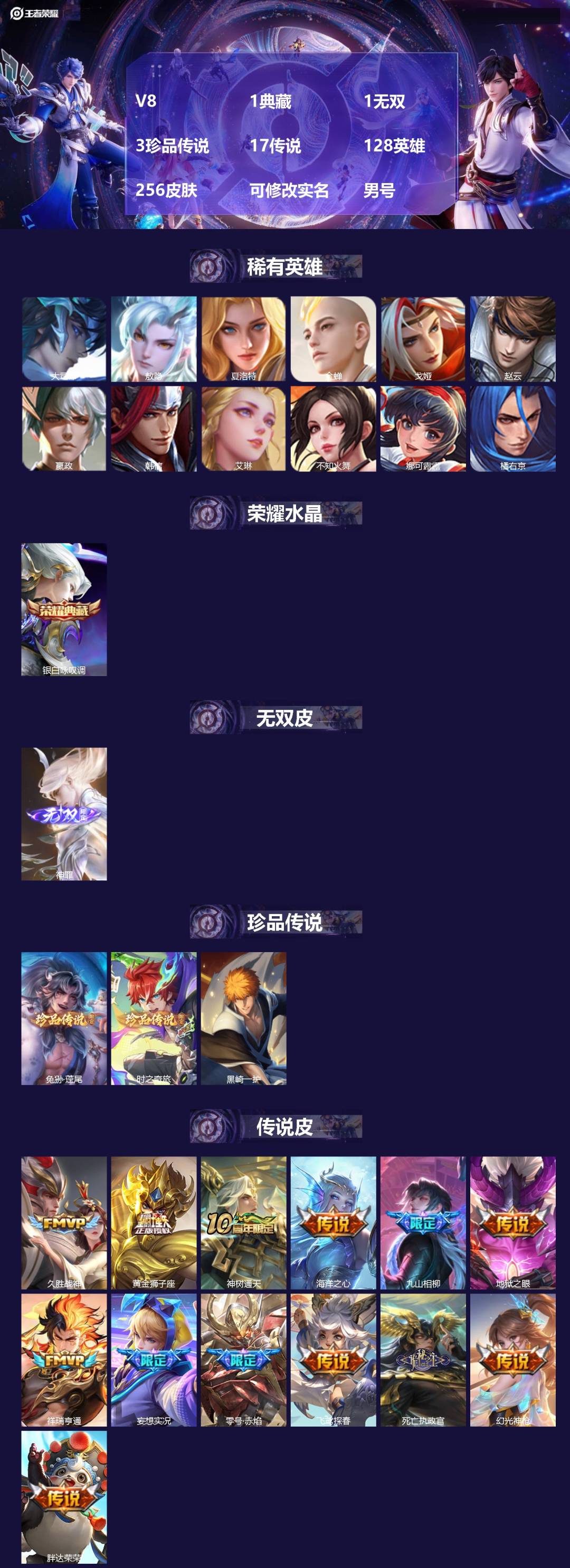 王者荣耀账号苹果QQ[]V8 1典藏 1无双 3珍品传说 17传说 128英雄 256皮肤 可修改实名 男号 
【英雄全