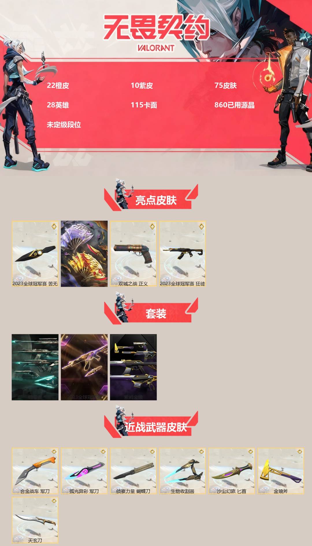 无畏契约账号QQ[]22橙皮 10紫皮 75皮肤 28英雄 115卡面 860已用源晶 未定级段位 
【亮点皮肤】离