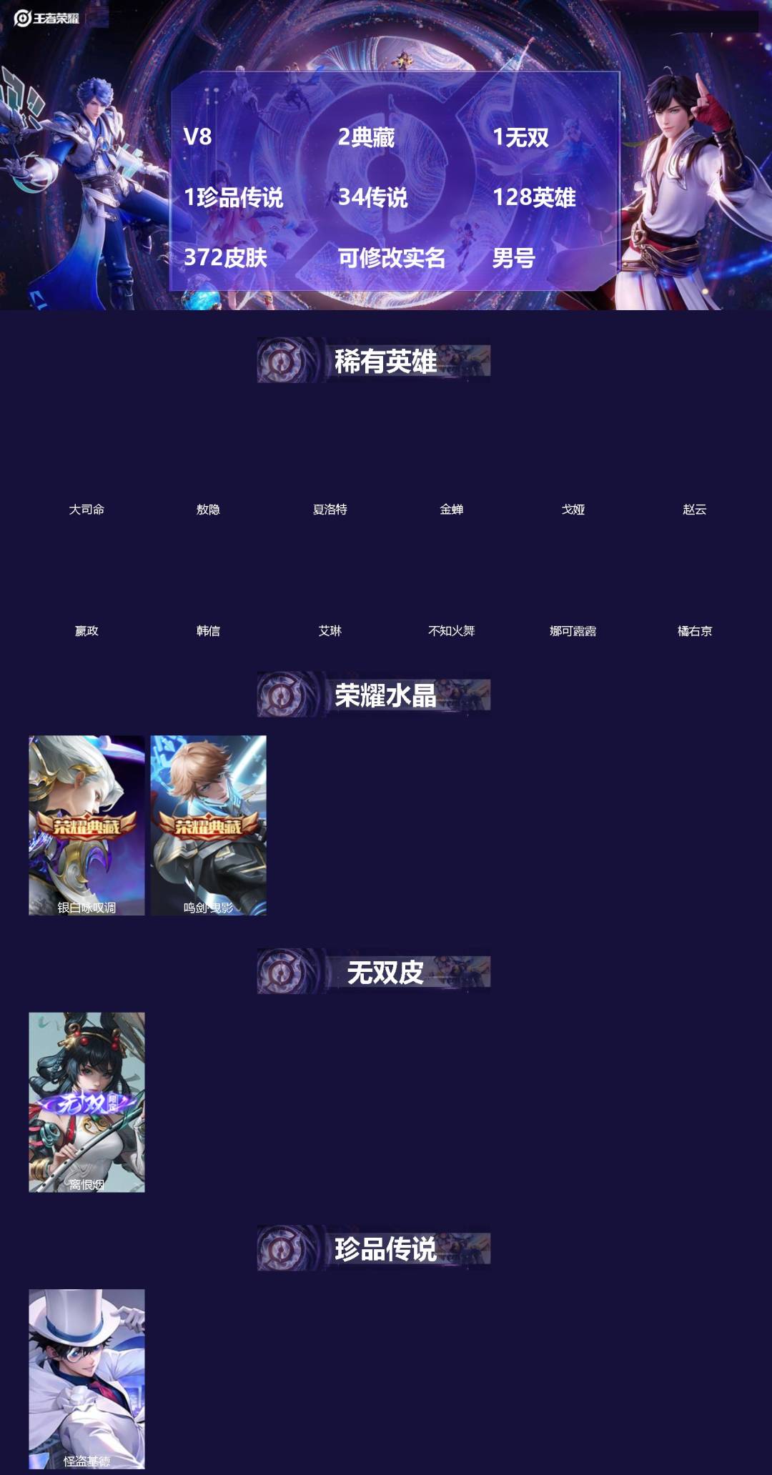 王者荣耀账号苹果QQ[]V8 2典藏 1无双 1珍品传说 34传说 128英雄 372皮肤 可修改实名 男号 
【英雄全