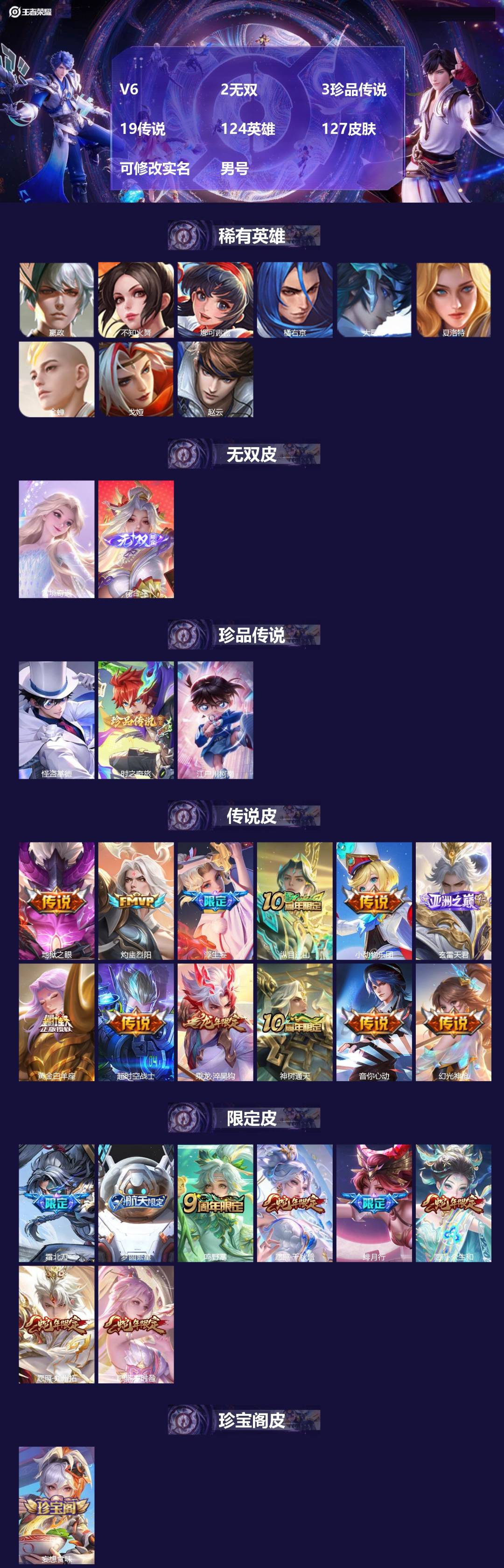 王者荣耀账号苹果VX[]V6 2无双 3珍品传说 19传说 124英雄 127皮肤 可修改实名 男号 
【英雄全皮】不知