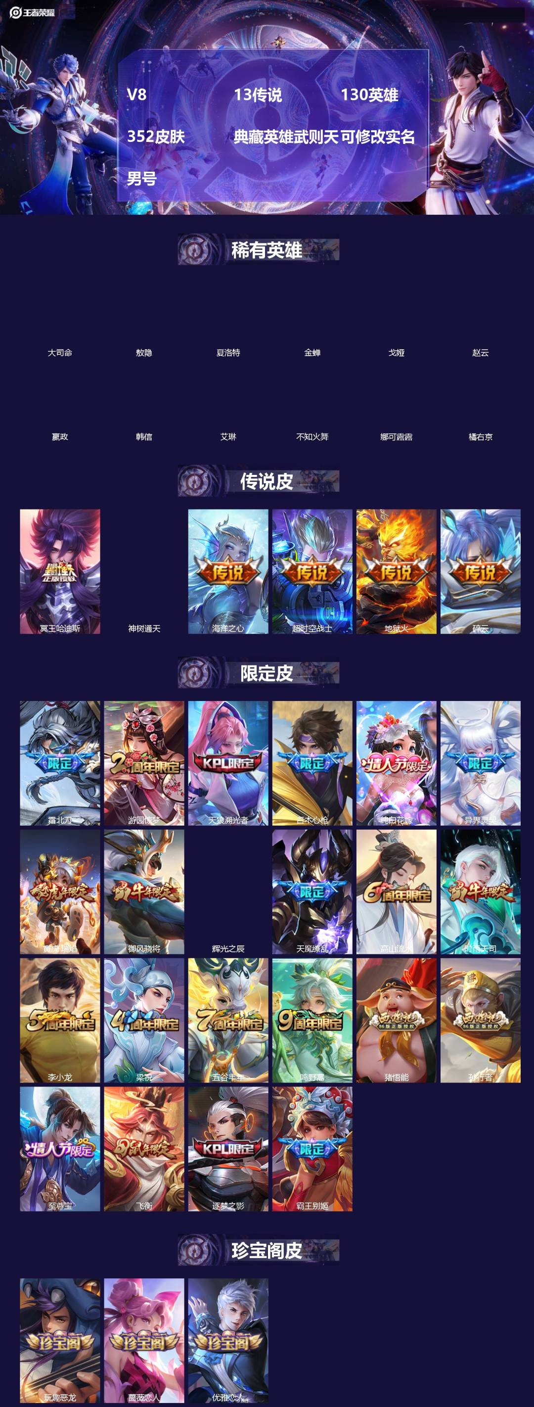 王者荣耀账号安卓VX[18304715]V8 13传说 130英雄 352皮肤 典藏英雄武则天 可修改实名 男号 
【英