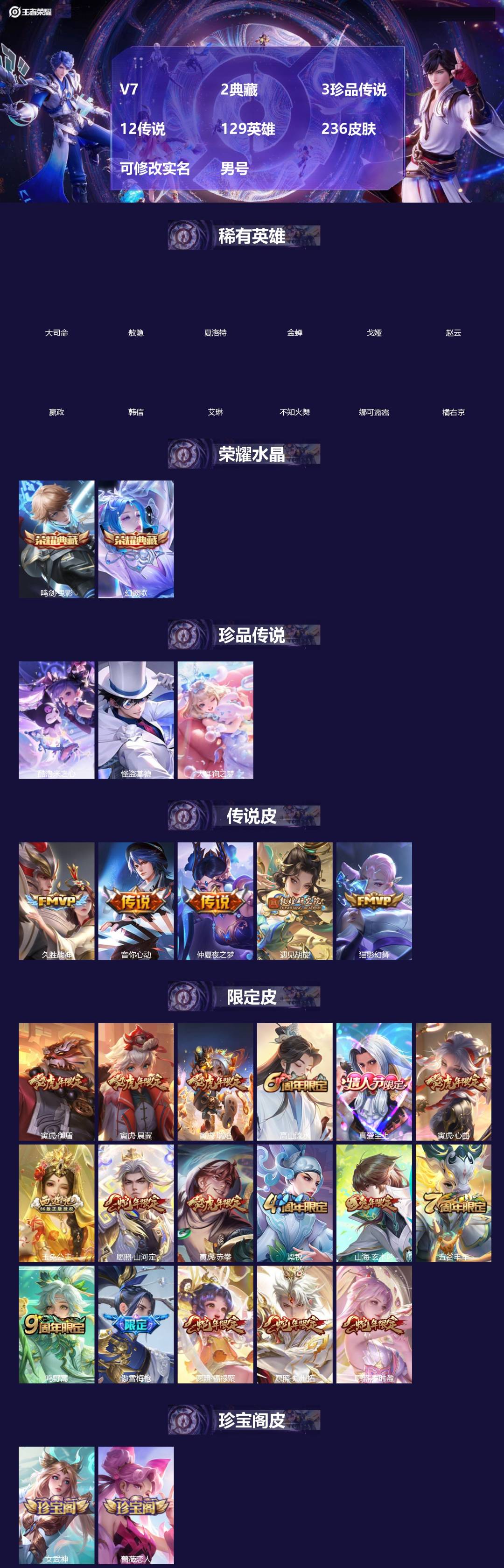 王者荣耀账号安卓VX[]V7 2典藏 3珍品传说 12传说 129英雄 236皮肤 可修改实名 男号 
【英雄全皮】敖隐