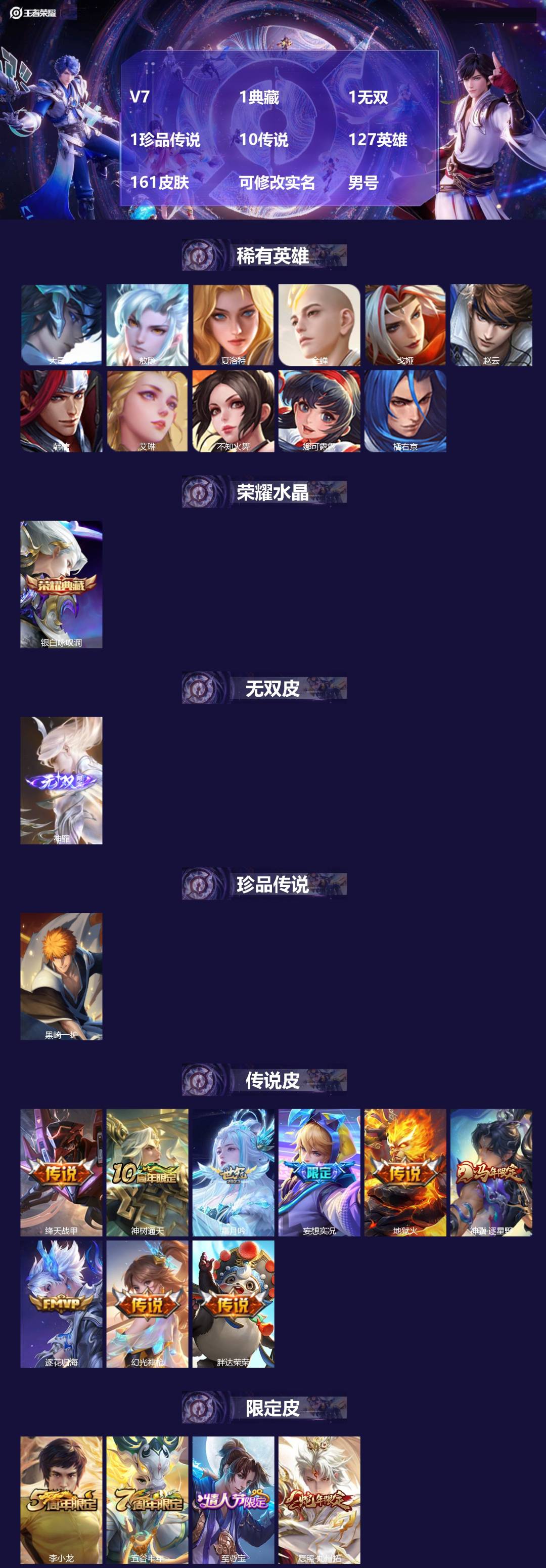 王者荣耀账号苹果QQ[]V7 1典藏 1无双 1珍品传说 10传说 127英雄 161皮肤 可修改实名 男号 
【英雄全