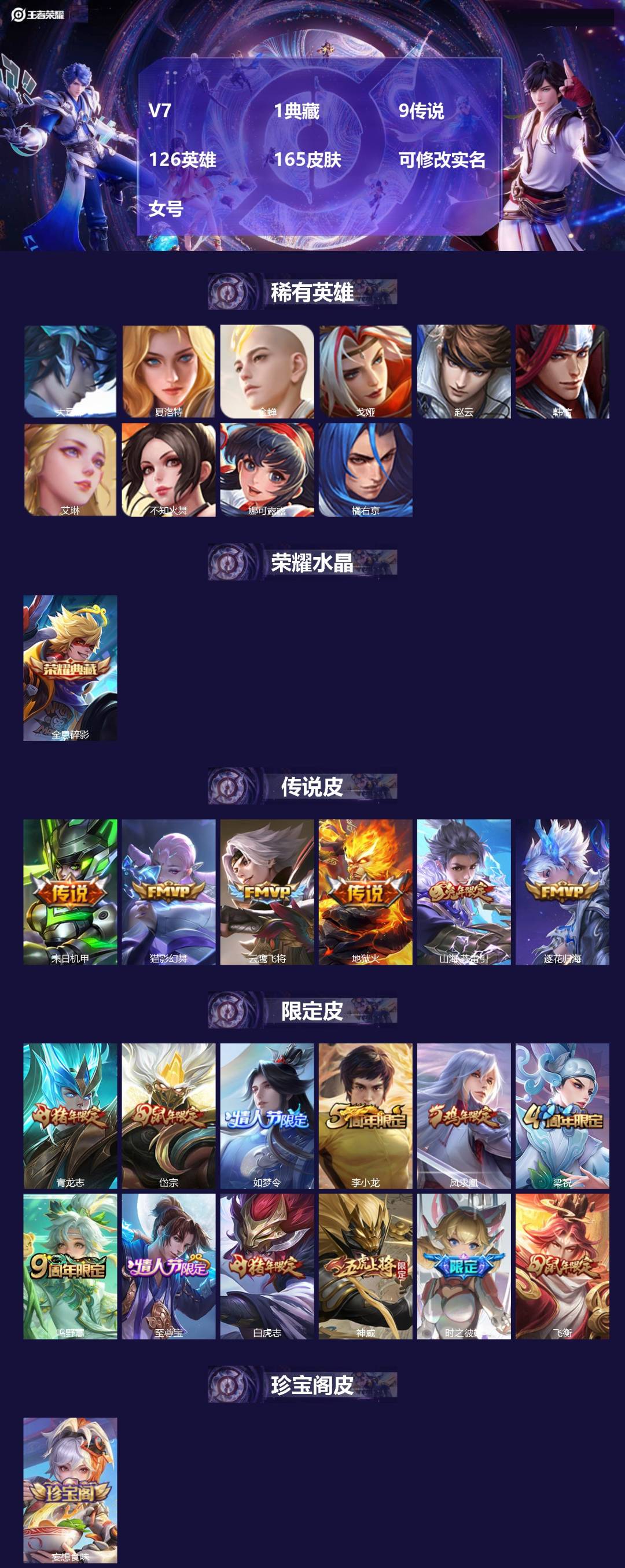 王者荣耀账号安卓QQ[]实名: 可修改 性别: 女号 贵族等级: V7 英雄数: 126 皮肤数: 165 荣耀水晶: 