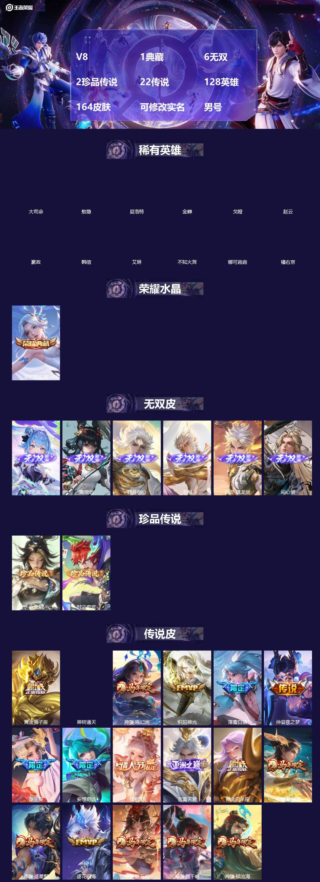 王者荣耀账号苹果QQ[]V8 1典藏 6无双 2珍品传说 22传说 128英雄 164皮肤 可修改实名 男号 
【英雄全