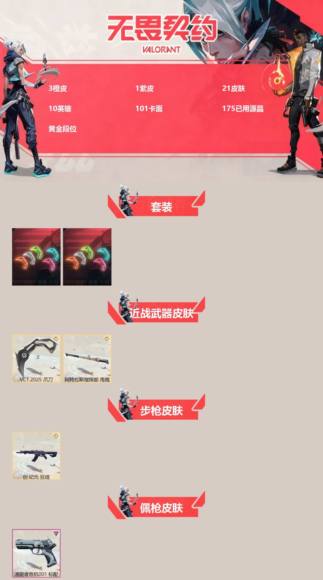 无畏契约账号QQ[]3橙皮 1紫皮 21皮肤 10英雄 101卡面 175已用源晶 黄金段位 
【套装】VCT 20