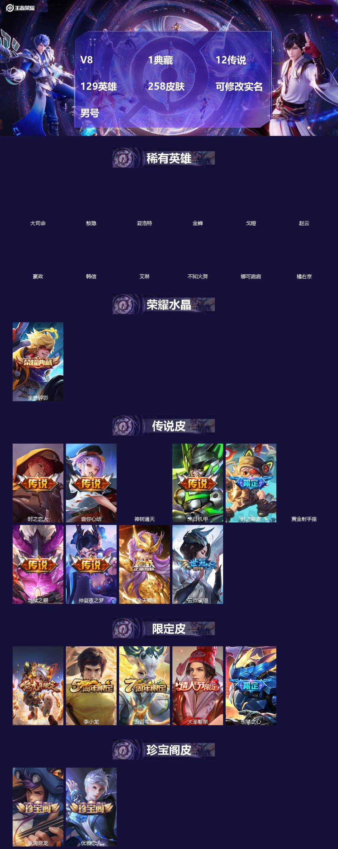 王者荣耀账号安卓QQ[18346662]V8 1典藏 12传说 129英雄 258皮肤 可修改实名 男号 
【英雄全皮】