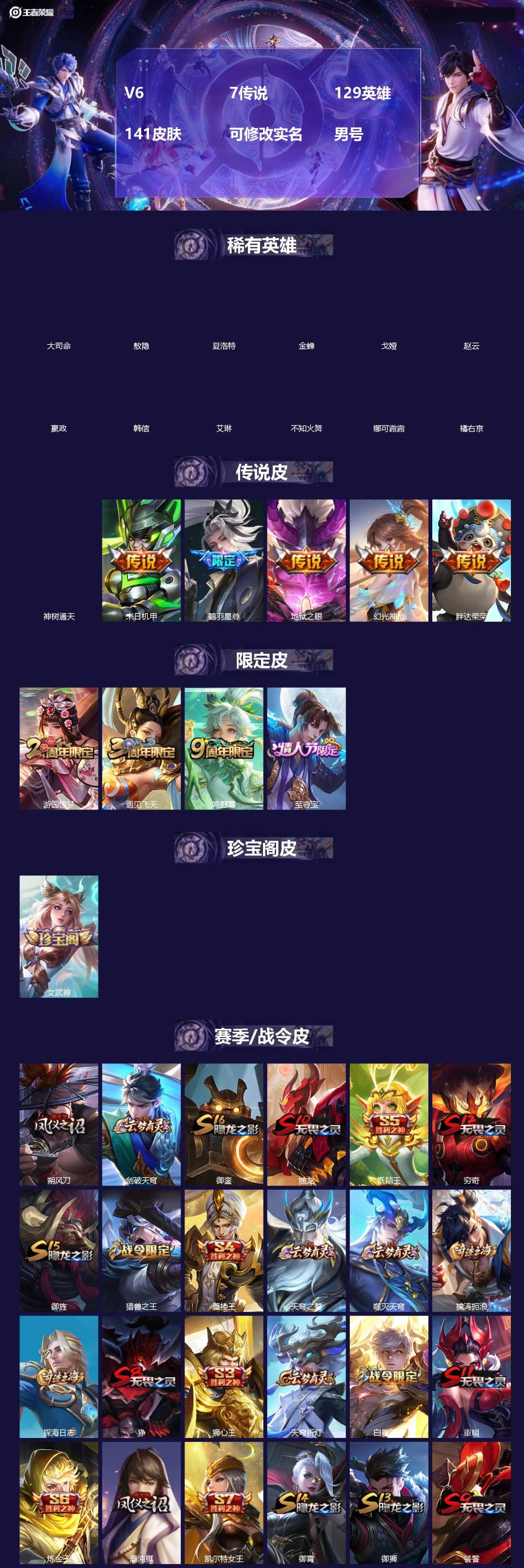 王者荣耀账号安卓QQ[]V6 7传说 129英雄 141皮肤 可修改实名 男号 
【英雄全皮】敖隐全皮,蚩奼全皮,大禹全