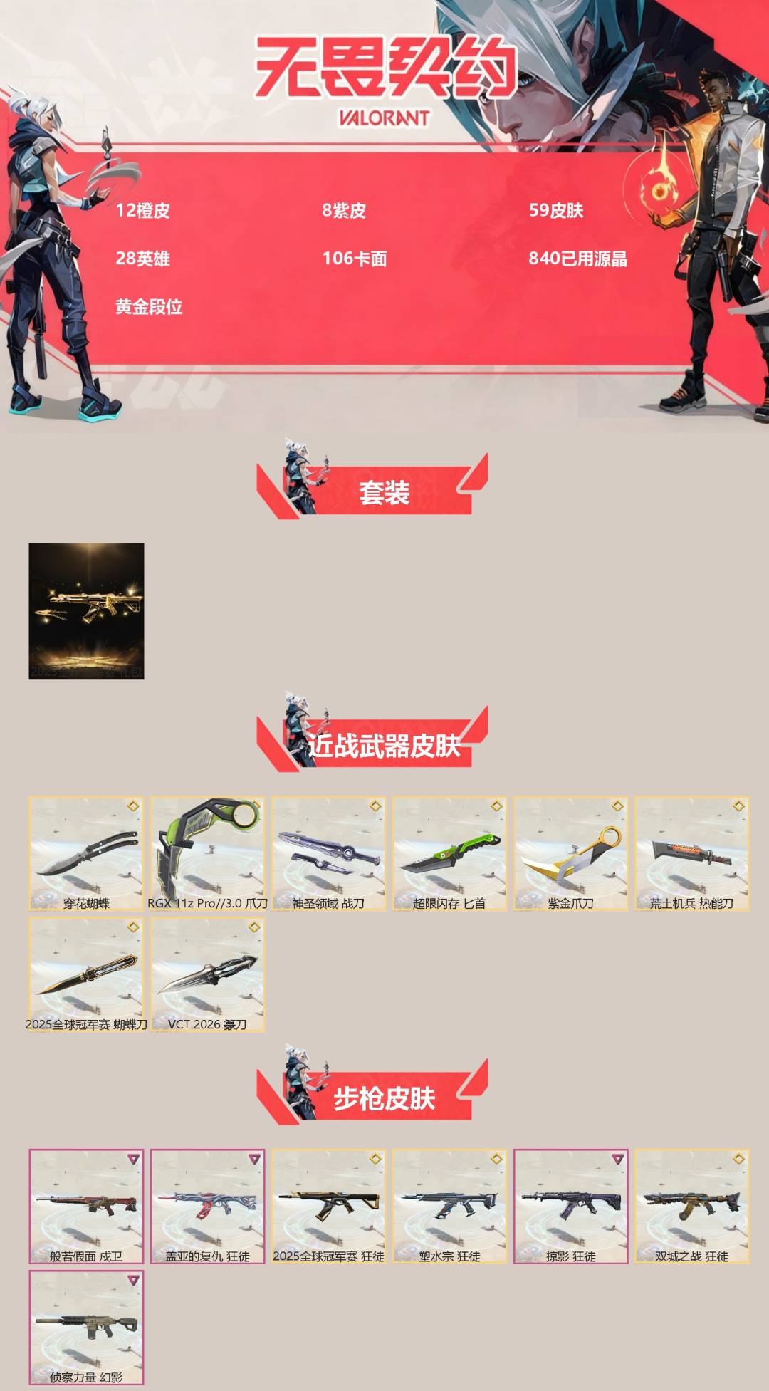 无畏契约账号QQ[]12橙皮 8紫皮 59皮肤 28英雄 106卡面 840已用源晶 黄金段位 
【套装】2025全