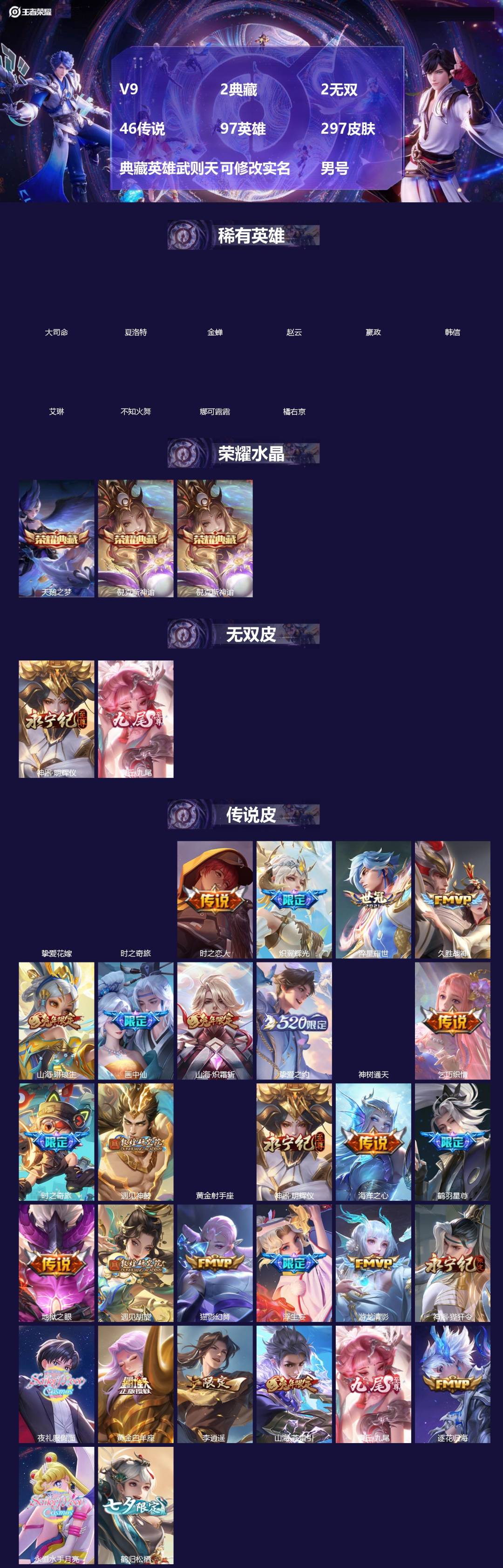 王者荣耀账号苹果QQ[]V9 2典藏 2无双 46传说 97英雄 297皮肤 典藏英雄武则天 可修改实名 男号 
【英雄