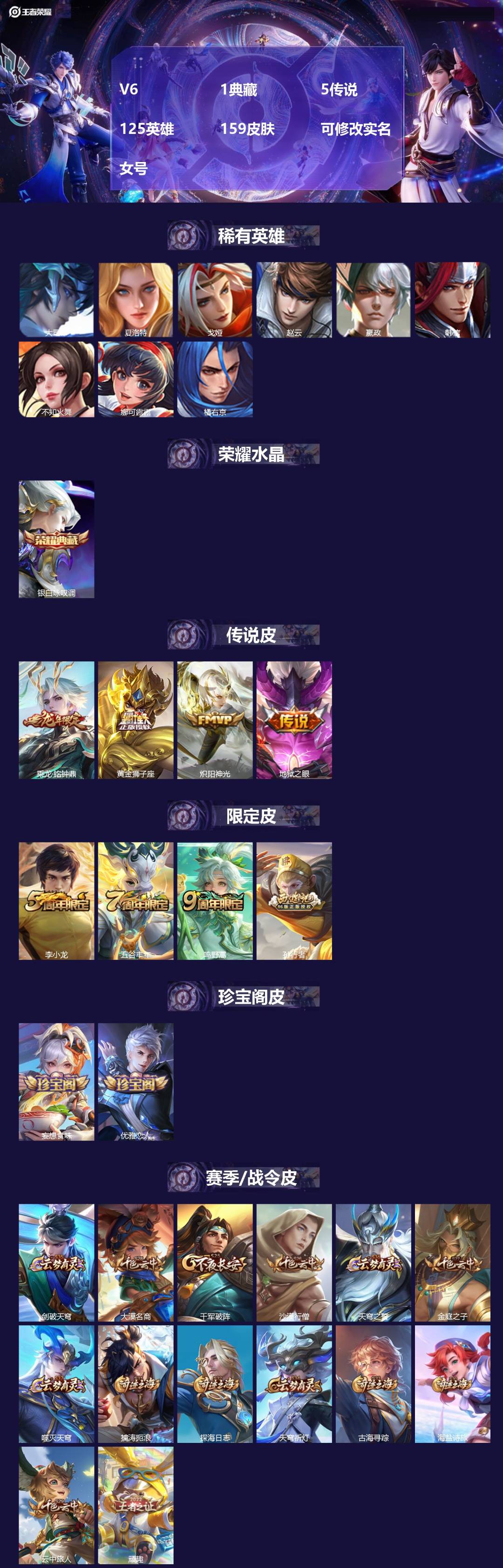 王者荣耀账号安卓QQ[]V6 1典藏 5传说 125英雄 159皮肤 可修改实名 女号 
【英雄全皮】大禹全皮
【稀有英