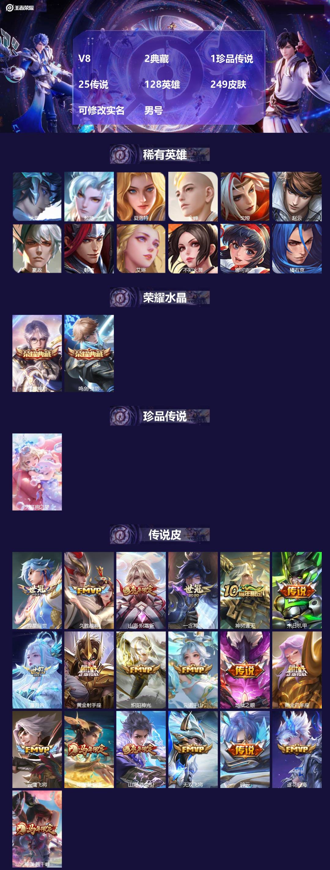 王者荣耀账号安卓QQ[]V8 2典藏 1珍品传说 25传说 128英雄 249皮肤 可修改实名 男号 
【英雄全皮】敖隐