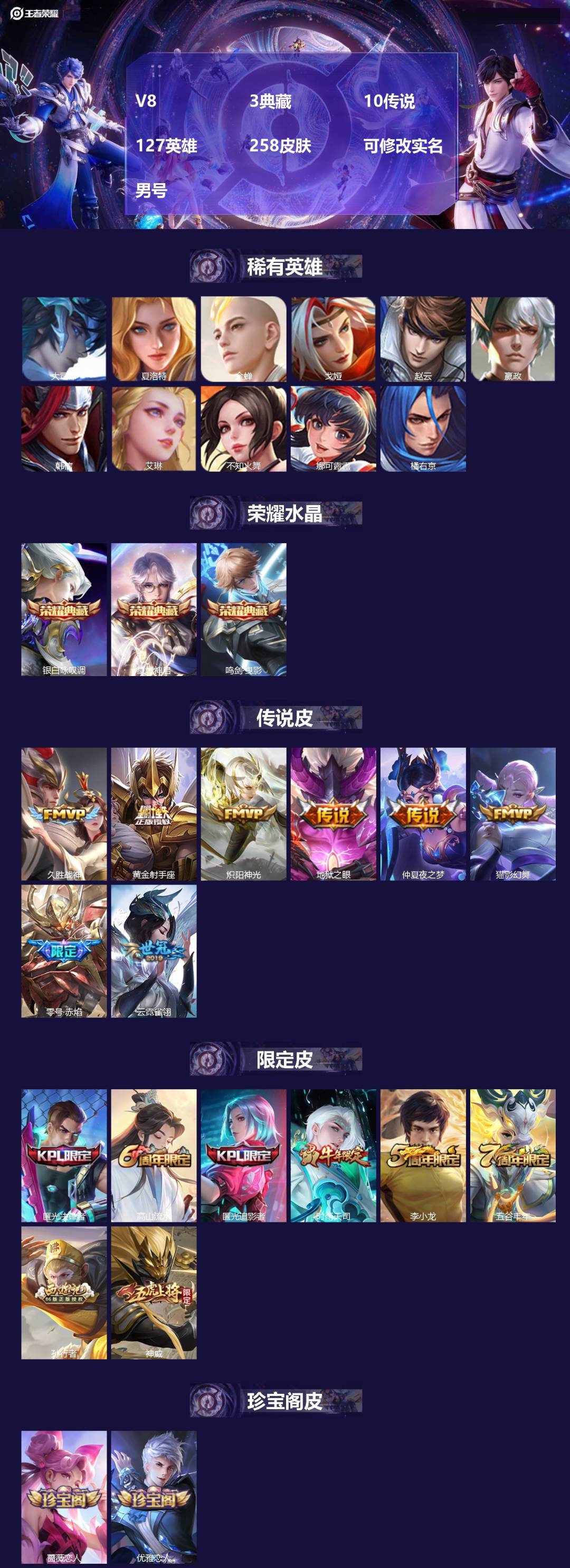 王者荣耀账号苹果VX[]V8 3典藏 10传说 127英雄 258皮肤 可修改实名 男号 
【英雄全皮】大禹全皮
【稀有