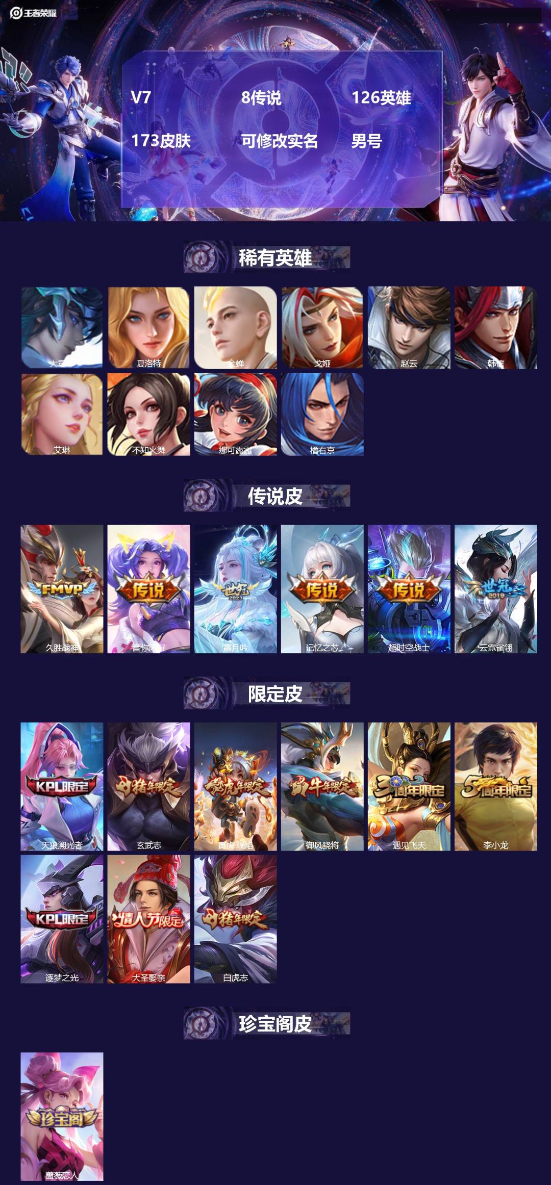 王者荣耀账号安卓QQV7 8传说 126英雄 173皮肤 可修改实名 男号 
【英雄全皮】孙权全皮,蚩奼全皮,大禹全