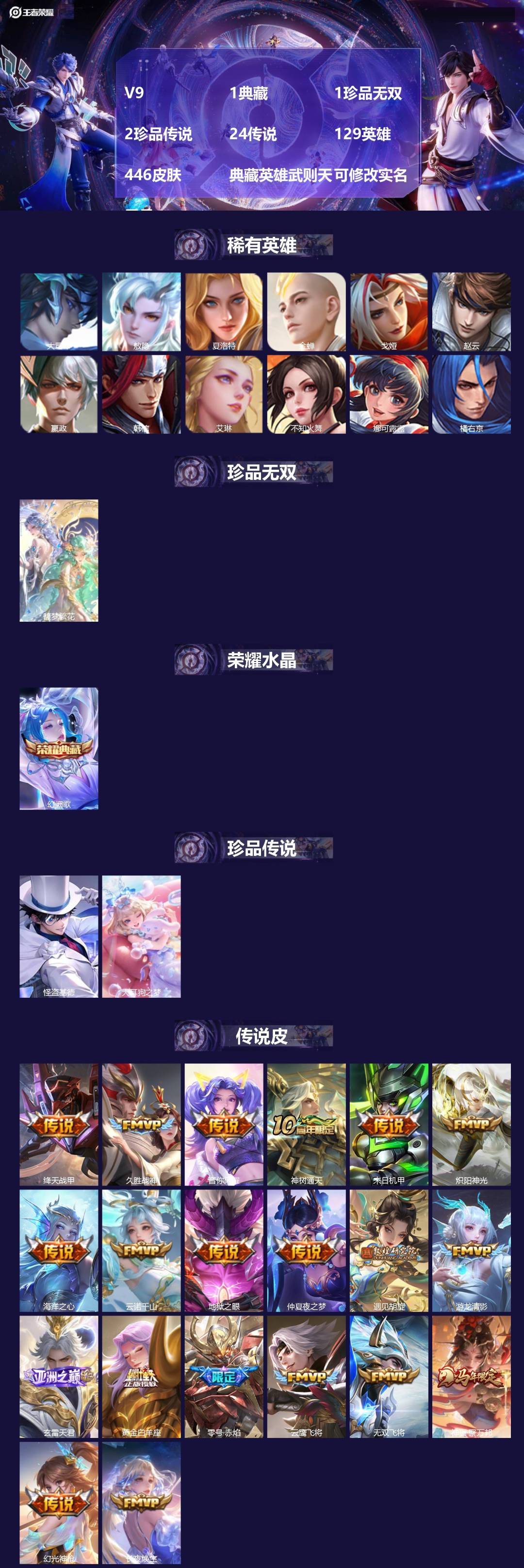 王者荣耀账号安卓QQ[18385386]V9 1典藏 1珍品无双 2珍品传说 24传说 129英雄 446皮肤 典藏英雄