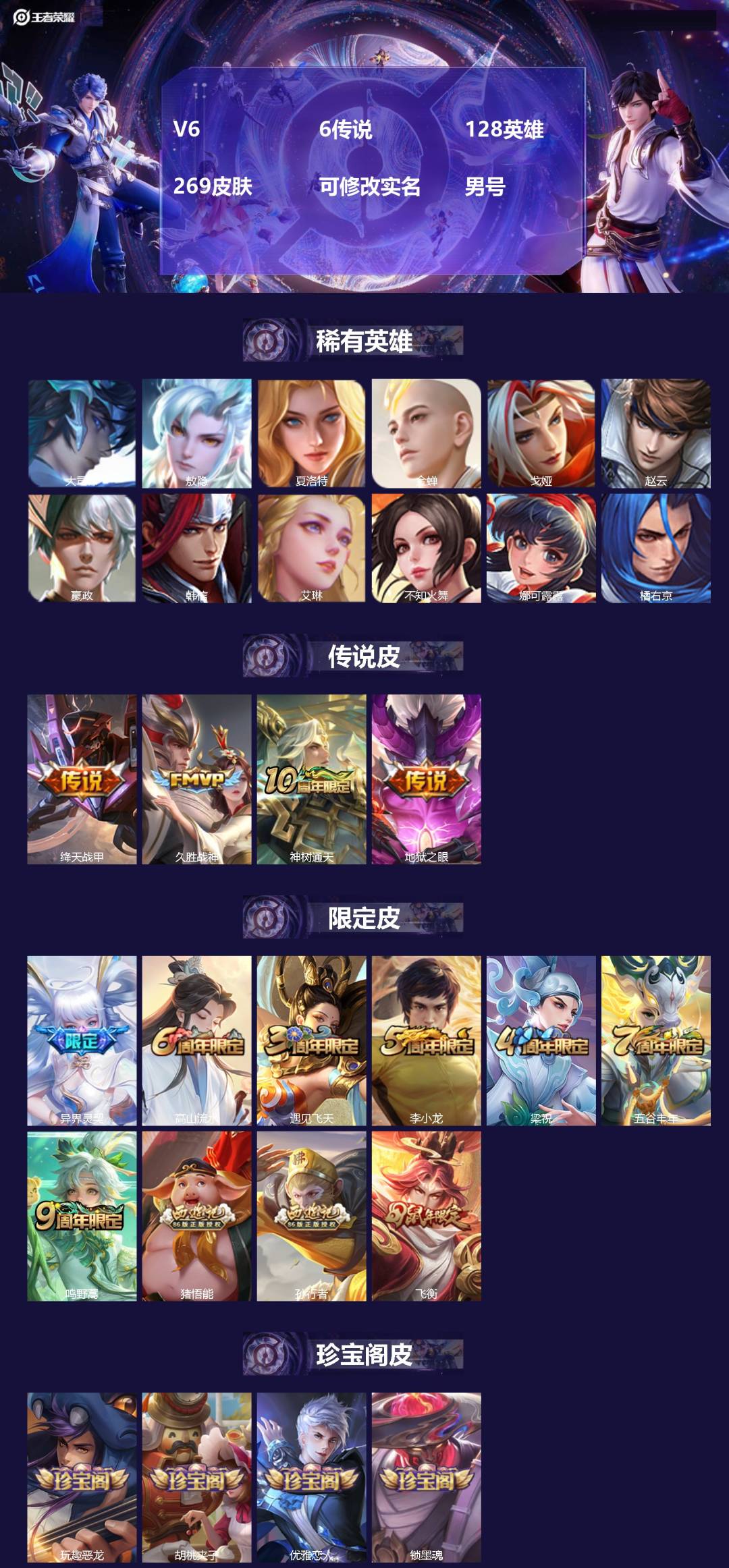 王者荣耀账号安卓QQ[18385606]V6 6传说 128英雄 269皮肤 可修改实名 男号 
【英雄全皮】敖隐全皮,