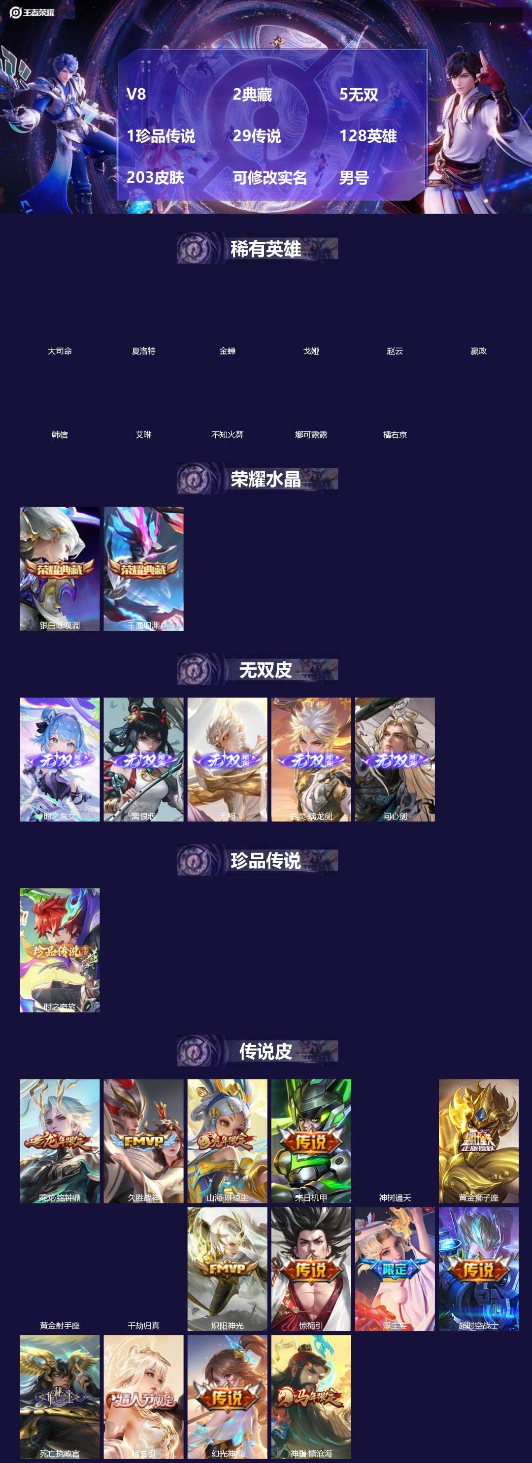 王者荣耀账号安卓QQ[]V8 2典藏 5无双 1珍品传说 29传说 128英雄 203皮肤 可修改实名 男号 
【英雄全