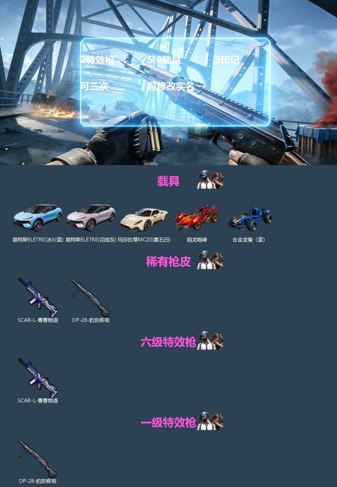 和平精英账号安卓QQ[]2特效枪 5.0载具 5印记 可二次 可修改实名 
【载具】路特斯ELETRE(冰川蓝),路特斯