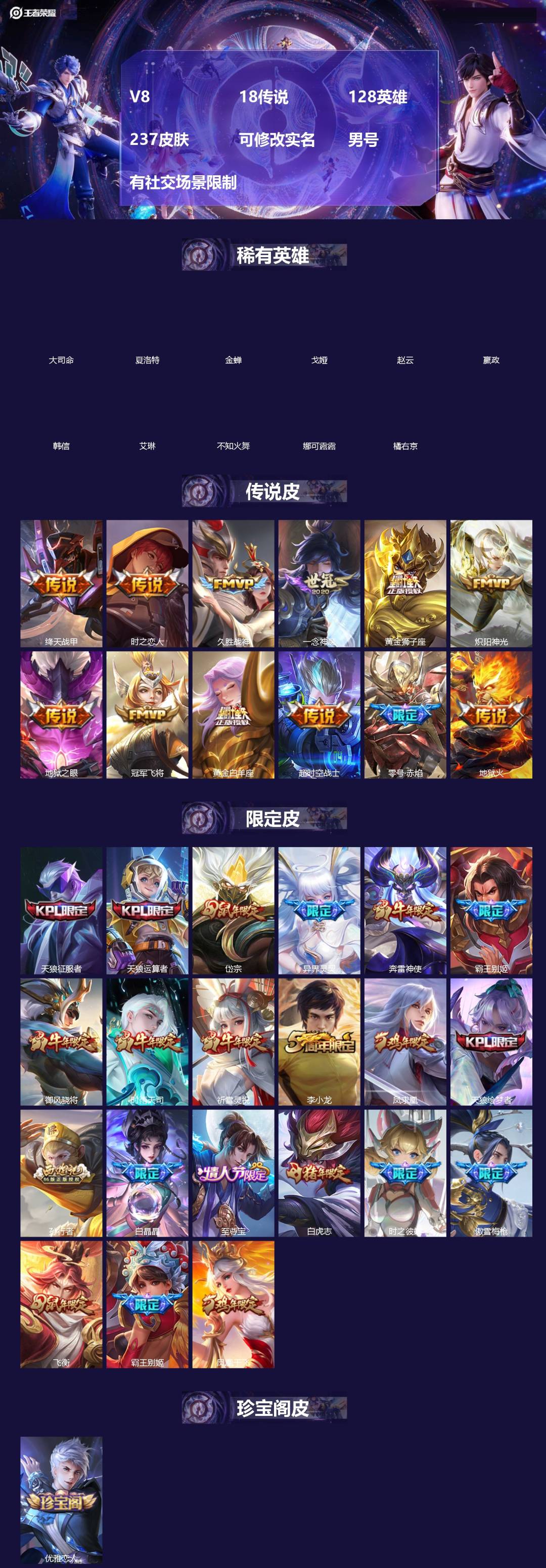王者荣耀账号苹果VX[]V8 18传说 128英雄 237皮肤 不可修改实名 男号 
【英雄全皮】大禹全皮 
【稀有英雄
