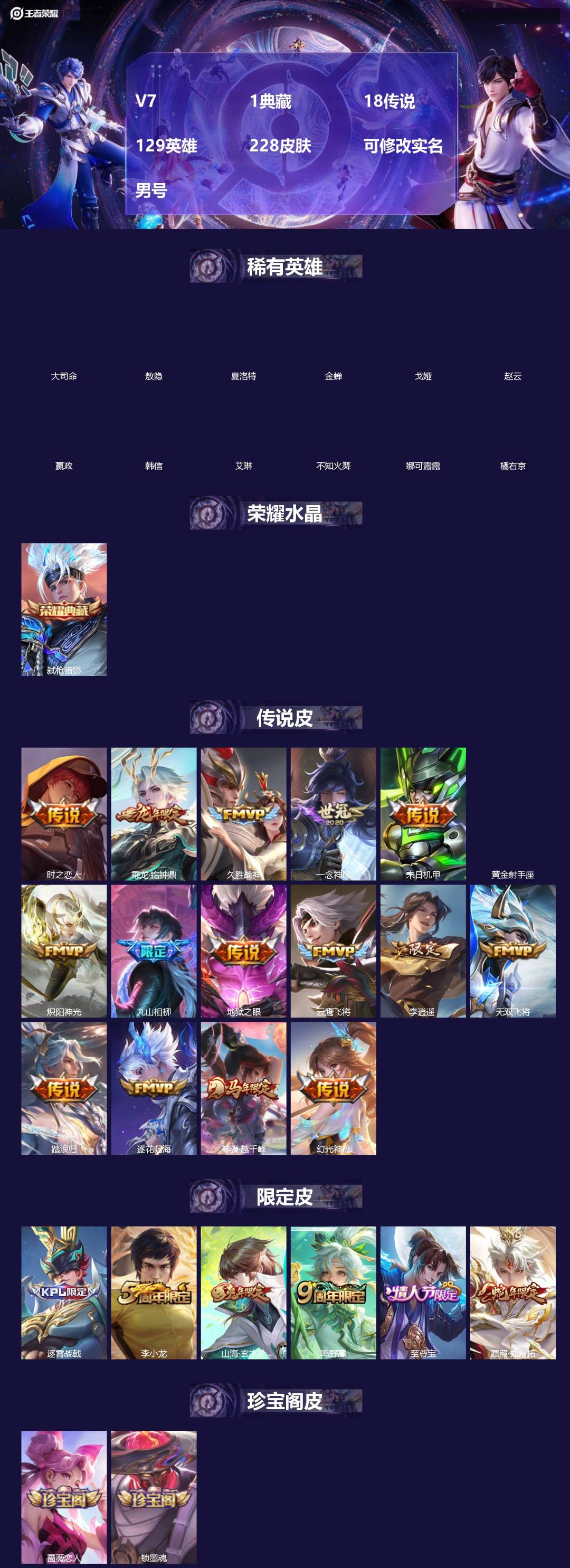 王者荣耀账号安卓QQ[18423210]V7 1典藏 18传说 129英雄 228皮肤 可修改实名 男号 
【英雄全皮】