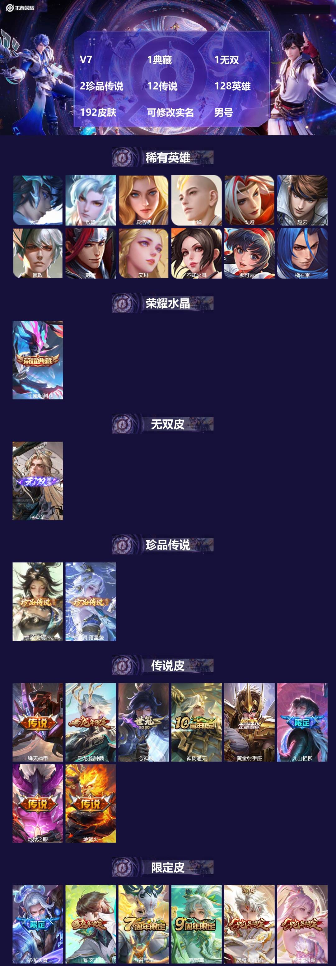 王者荣耀账号安卓QQ[18439971]V7 1典藏 1无双 2珍品传说 12传说 128英雄 192皮肤 可修改实名 