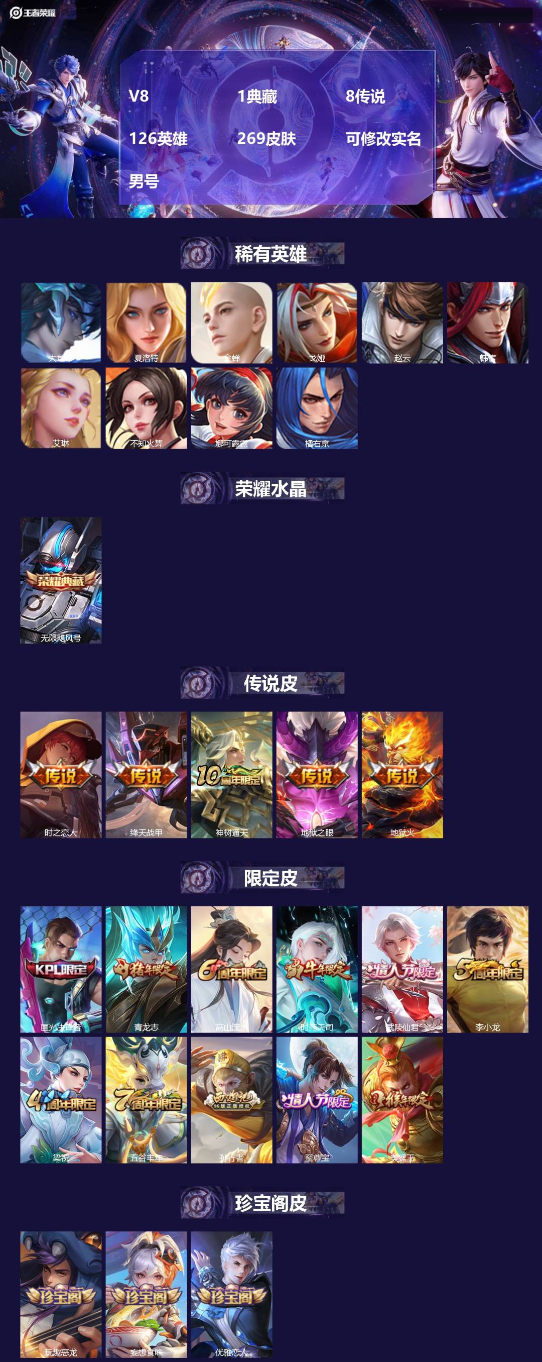 王者荣耀账号安卓QQ[18440530]V8 1典藏 8传说 126英雄 269皮肤 可修改实名 男号 
【英雄全皮】大
