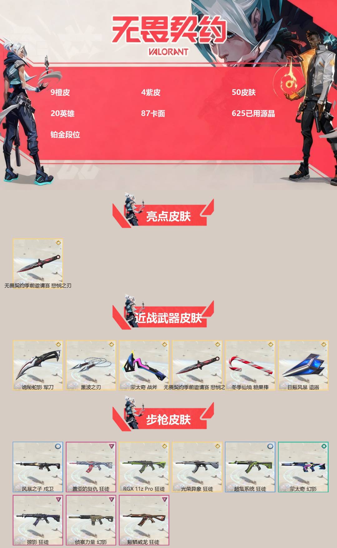 无畏契约账号QQ[]9橙皮 4紫皮 50皮肤 20英雄 87卡面 625已用源晶 铂金段位 
【亮点皮肤】悲悯之刃
