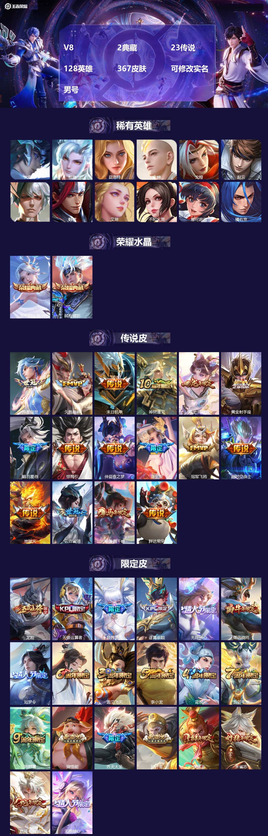 王者荣耀账号安卓QQ[18447844]V8 2典藏 23传说 128英雄 367皮肤 可修改实名 男号 
【英雄全皮】