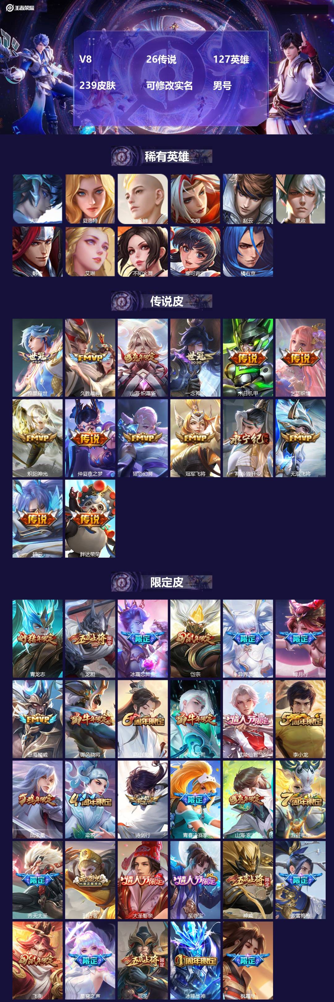 王者荣耀账号安卓QQ[]V8 26传说 127英雄 239皮肤 可修改实名 男号 
【英雄全皮】橘右京全皮,孙权全皮,大禹全皮
【稀有英雄】大司命,嬴政(始皇帝),韩信(韩跳跳),夏洛特(夏师傅),艾琳,橘右京(橘子),