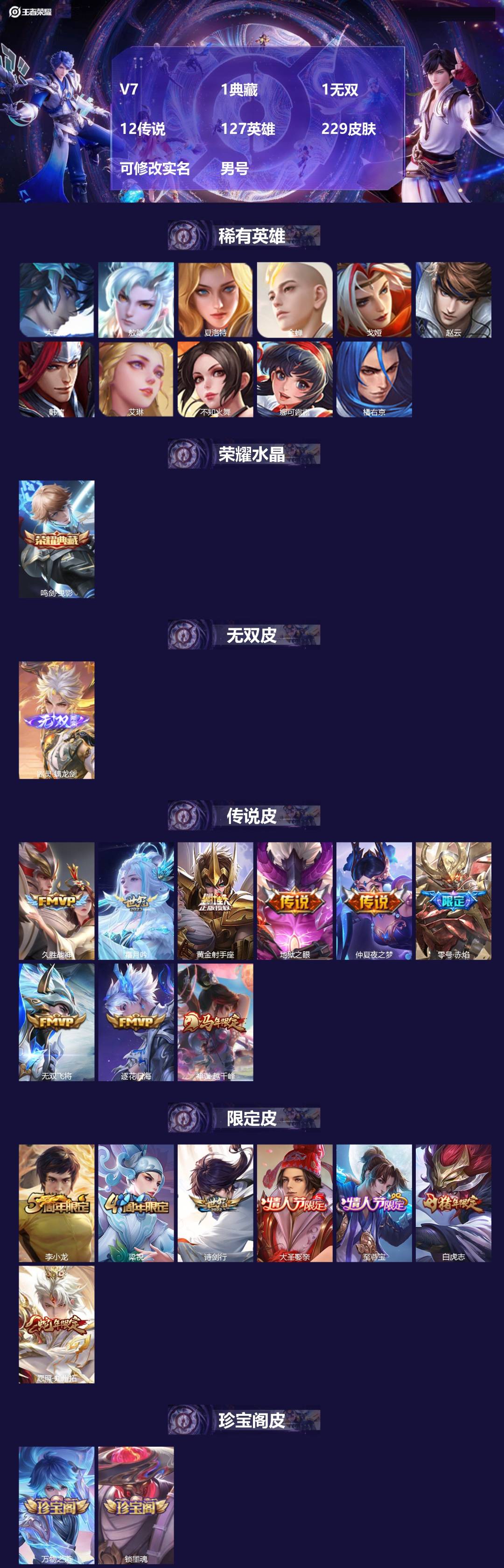 王者荣耀账号苹果QQ[]V7 1典藏 1无双 12传说 127英雄 229皮肤 可修改实名 男号 
【英雄全皮】敖隐全皮,空空儿全皮,孙权全皮,蚩奼全皮,大禹全皮
【稀有英雄】敖隐(小龙人),大司命,韩信(韩跳跳),夏洛