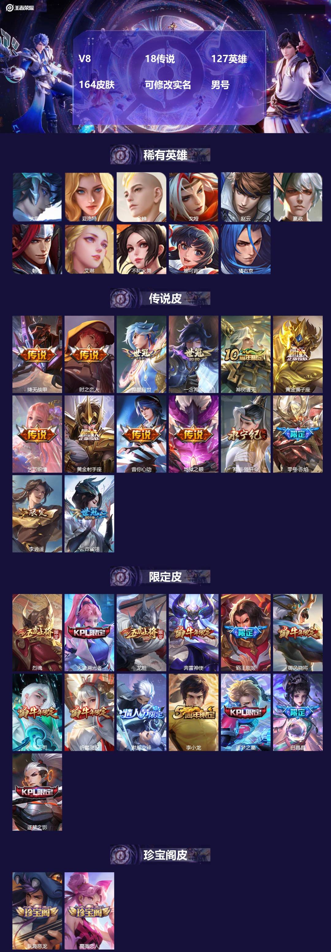 王者荣耀账号安卓VX[18462225]V8 18传说 127英雄 164皮肤 可修改实名 男号 
【英雄全皮】大禹全皮