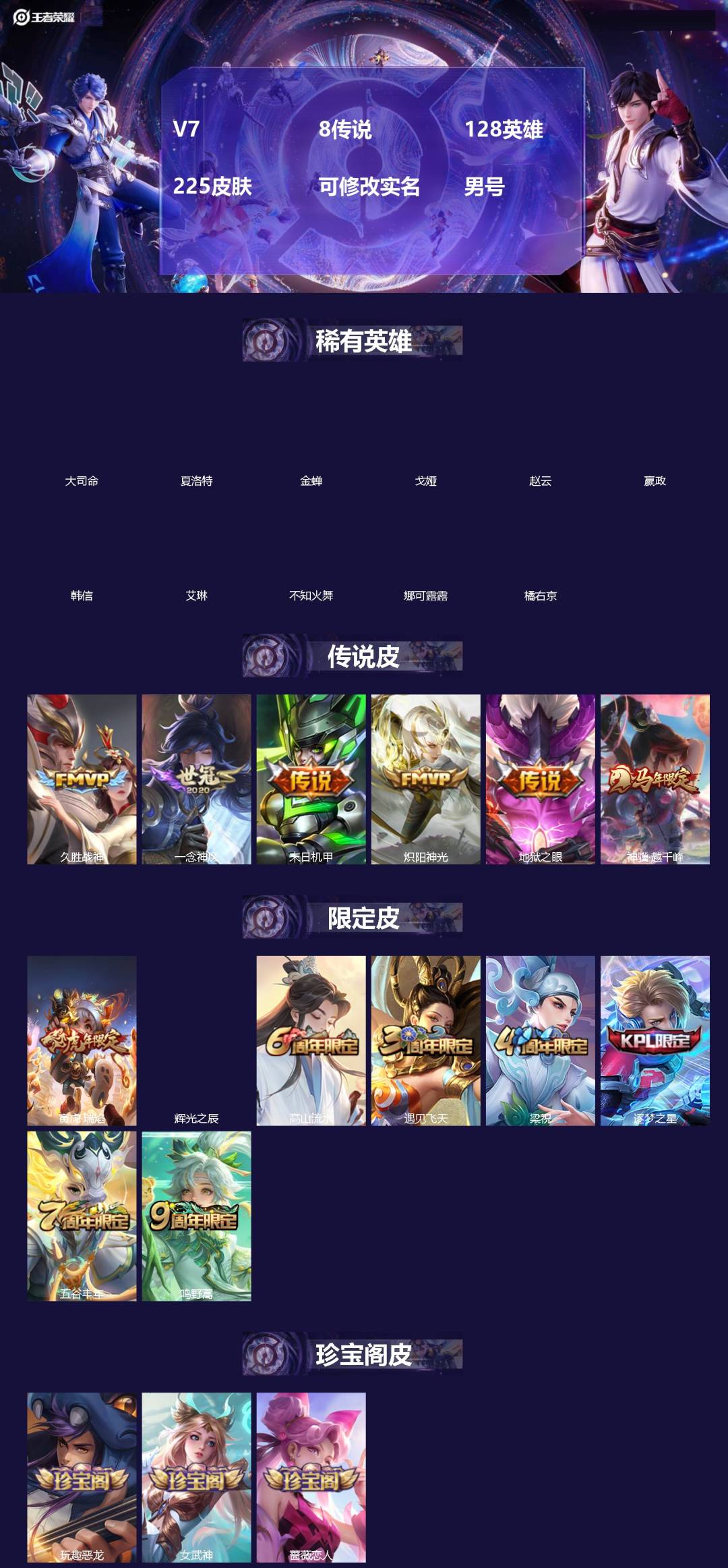 王者荣耀账号安卓QQ[]V7 8传说 128英雄 225皮肤 可修改实名 男号 
【英雄全皮】空空儿全皮,孙权全皮,大禹全皮
【稀有英雄】大司命,嬴政(始皇帝),韩信(韩跳跳),夏洛特(夏师傅),艾琳,橘右京(橘子),娜