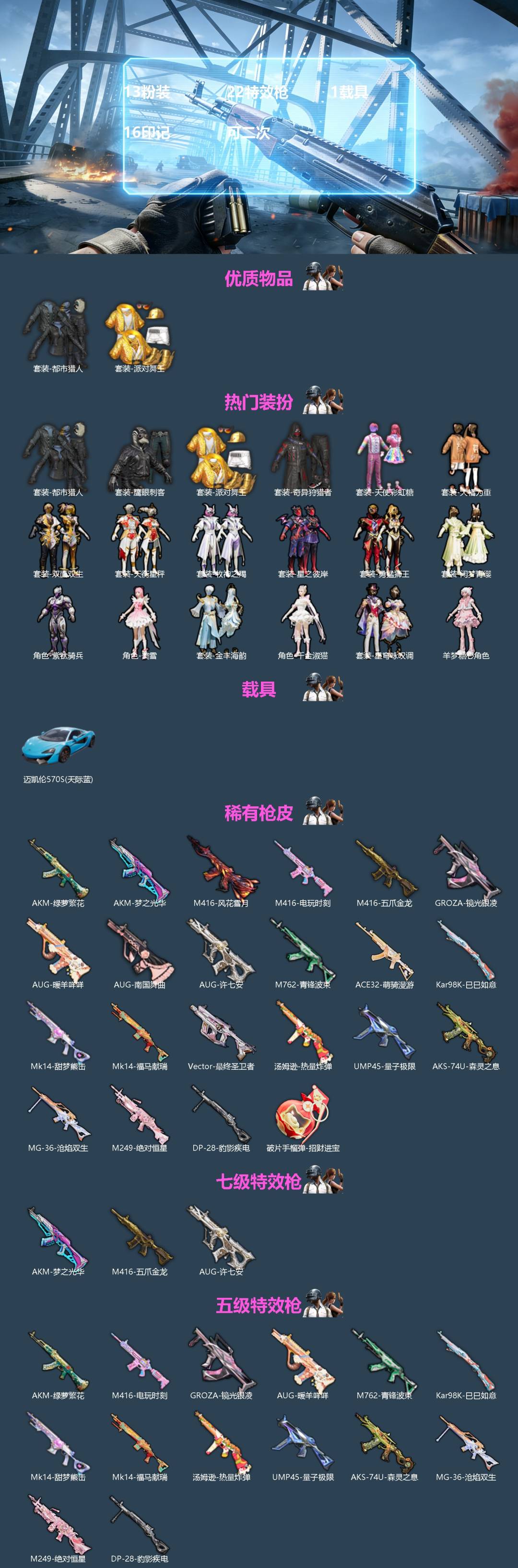 和平精英账号安卓QQ[]13粉装 22特效枪 1载具 16印记 可二次 
【热门装扮】奇异狩猎者,千金淑猫,星穹咏叹调,羊梦糖心,天使彩虹糖,星之彼岸,闲梦青缨,勇猛狮王,双面双生,天衡星秤,牧神之羯,紫钛骑兵,美雪,金