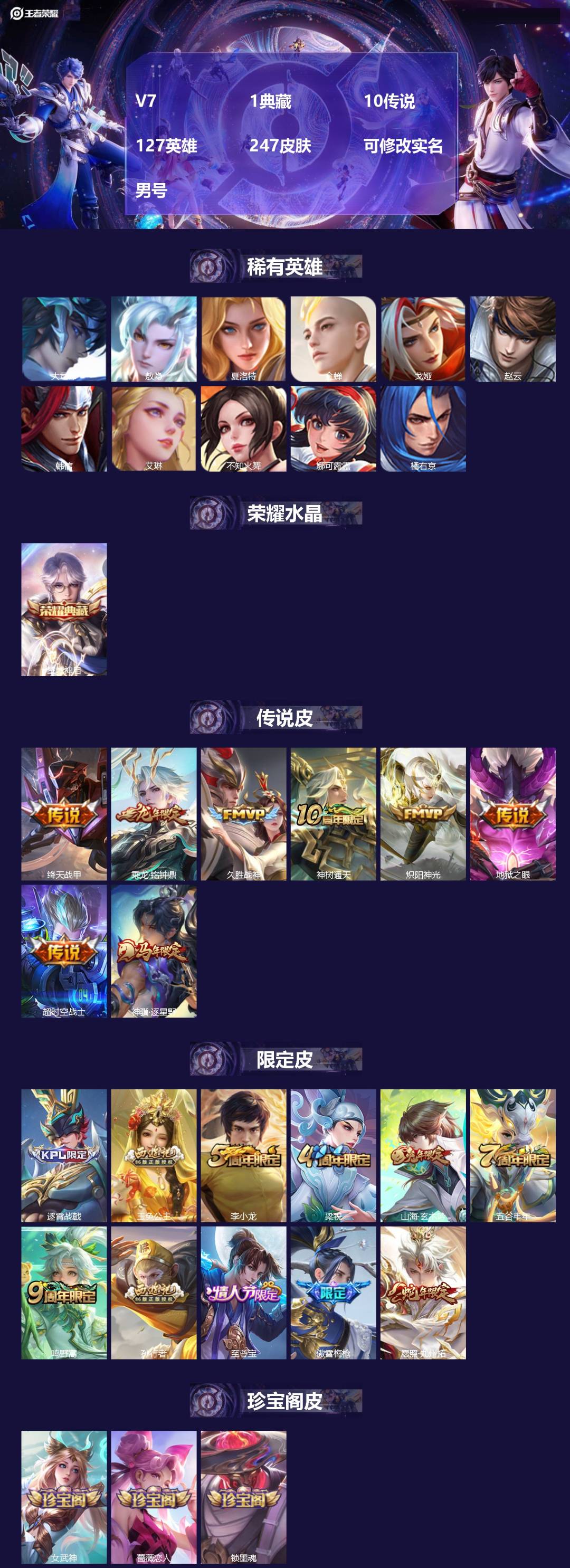 王者荣耀账号安卓QQ[18469333]V7 1典藏 10传说 127英雄 247皮肤 可修改实名 男号 
【英雄全皮】