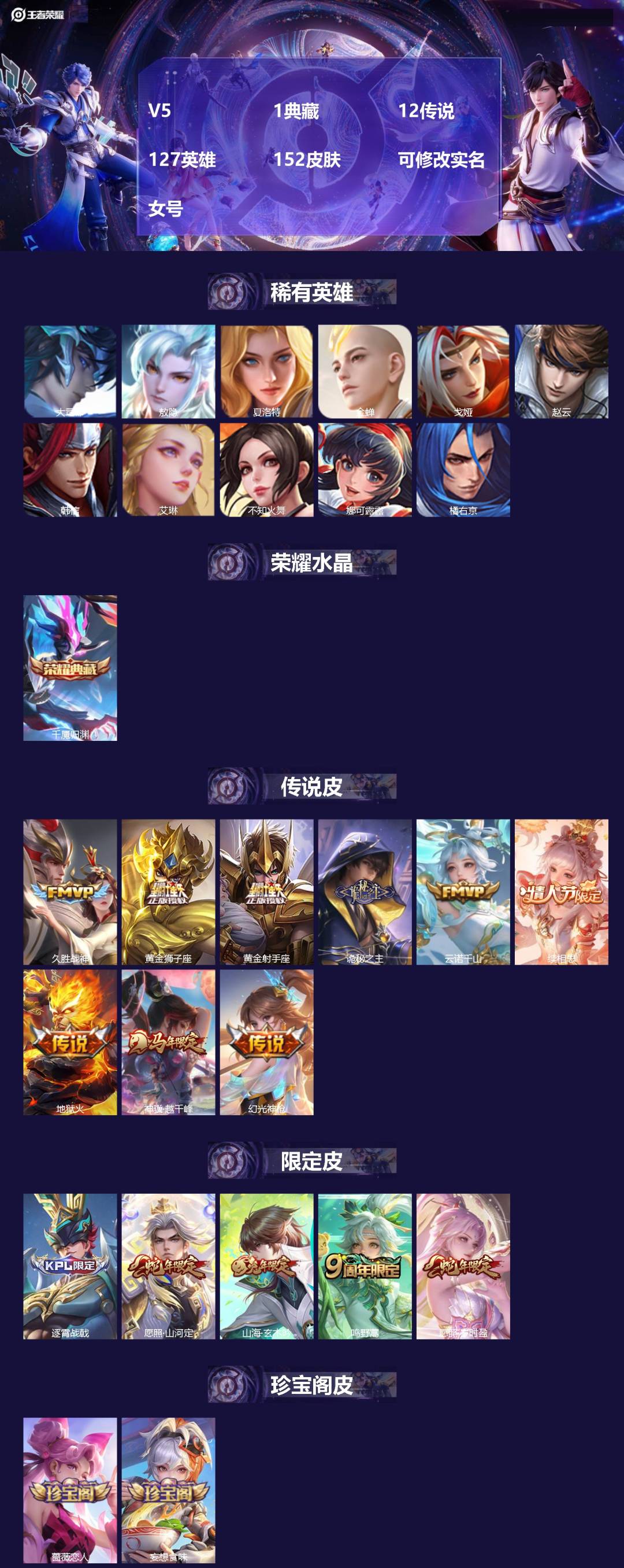 王者荣耀账号安卓QQ[18472465]V5 1典藏 12传说 127英雄 152皮肤 可修改实名 女号 
【英雄全皮】