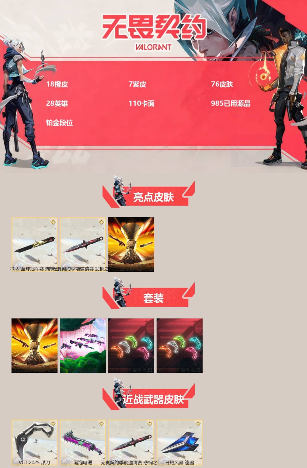 无畏契约账号QQ[]18橙皮 7紫皮 76皮肤 28英雄 110卡面 985已用源晶 铂金段位 
【亮点皮肤】幻影-2022全球冠军赛,蝴蝶刀-2022全球冠军赛,悲悯之刃
【套装】VCTCN2025套装,VCT 2