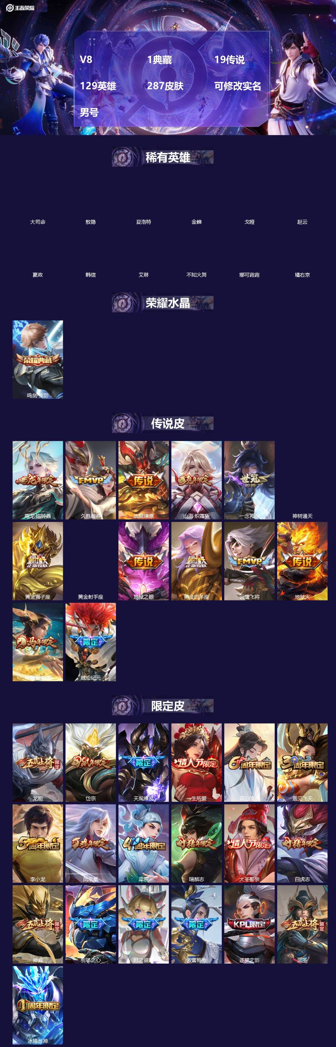 王者荣耀账号苹果QQ[18474715]V8 1典藏 19传说 129英雄 287皮肤 可修改实名 男号 
【英雄全皮】