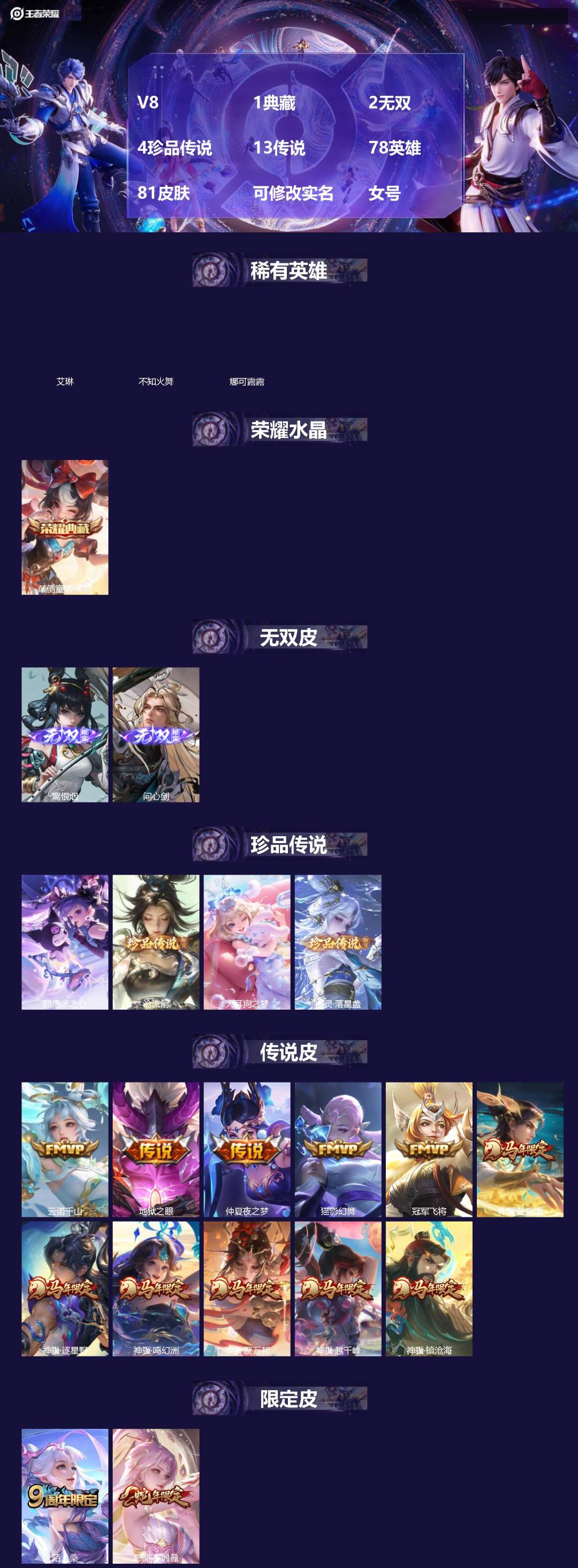 王者荣耀账号苹果QQ[]V8 1典藏 2无双 4珍品传说 13传说 78英雄 81皮肤 可修改实名 女号 
【英雄全皮】影全皮,大禹全皮
【稀有英雄】艾琳,娜可露露(鸟人),不知火舞
【荣耀水晶】颠倒童话·魔镜
【无双皮