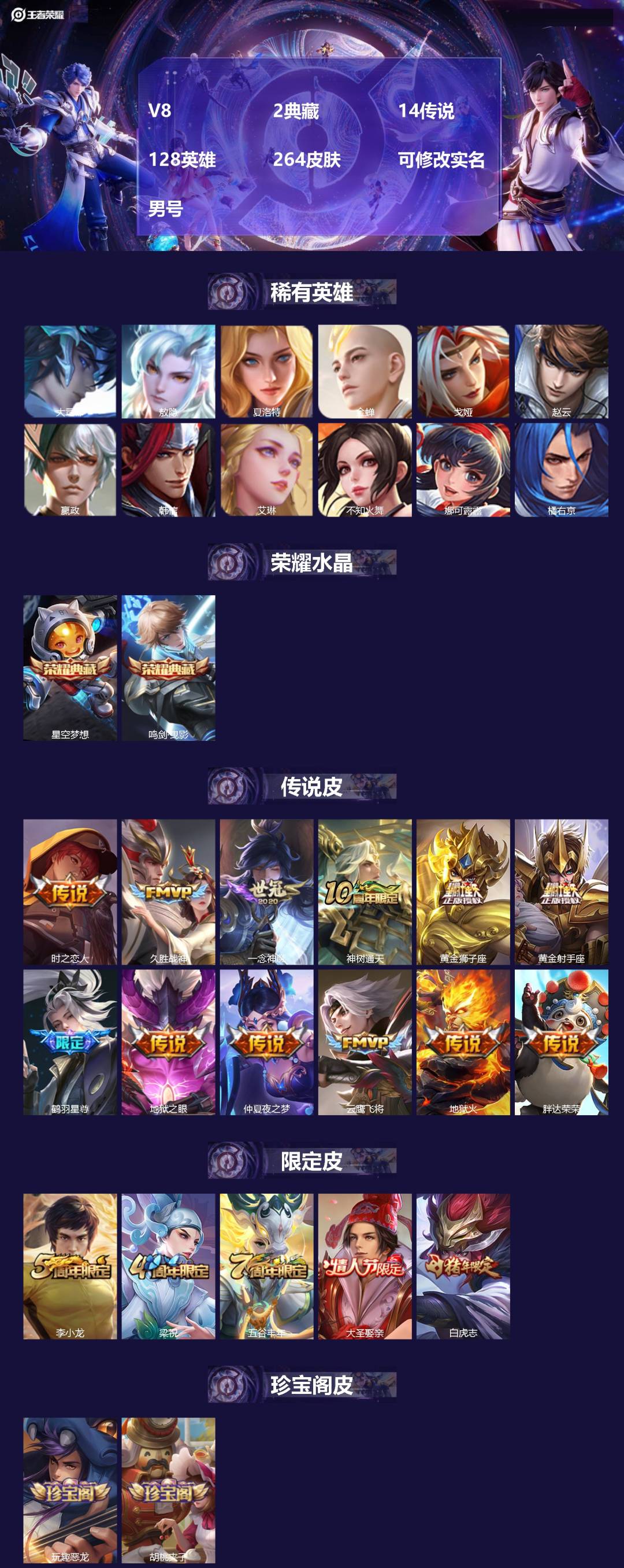 王者荣耀账号安卓QQ[18477931]V8 2典藏 14传说 128英雄 264皮肤 可修改实名 男号 
【英雄全皮】