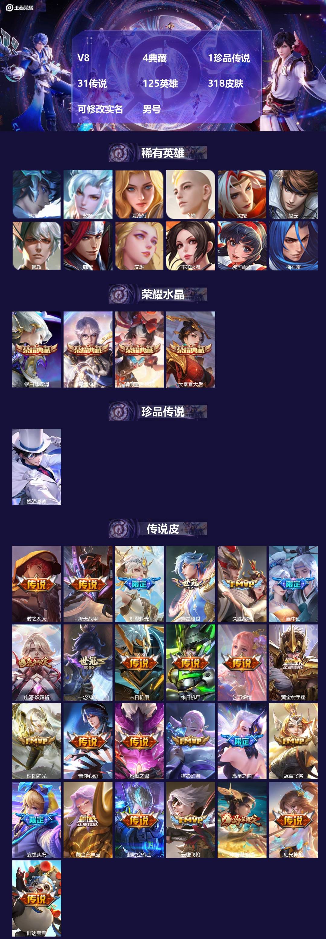 王者荣耀账号安卓QQ[]V8 4典藏 1珍品传说 31传说 125英雄 318皮肤 可修改实名 男号 
【英雄全皮】敖隐全皮,戈娅全皮,影全皮
【稀有英雄】敖隐(小龙人),大司命,嬴政(始皇帝),韩信(韩跳跳),夏洛特(