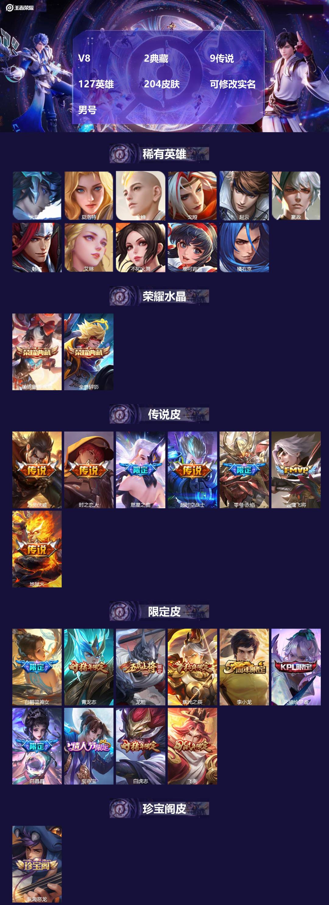王者荣耀账号苹果QQ[]V8 2典藏 9传说 127英雄 204皮肤 可修改实名 男号 
【英雄全皮】大禹全皮
【稀有英雄】大司命,嬴政(始皇帝),韩信(韩跳跳),夏洛特(夏师傅),艾琳,橘右京(橘子),娜可露露(鸟人)