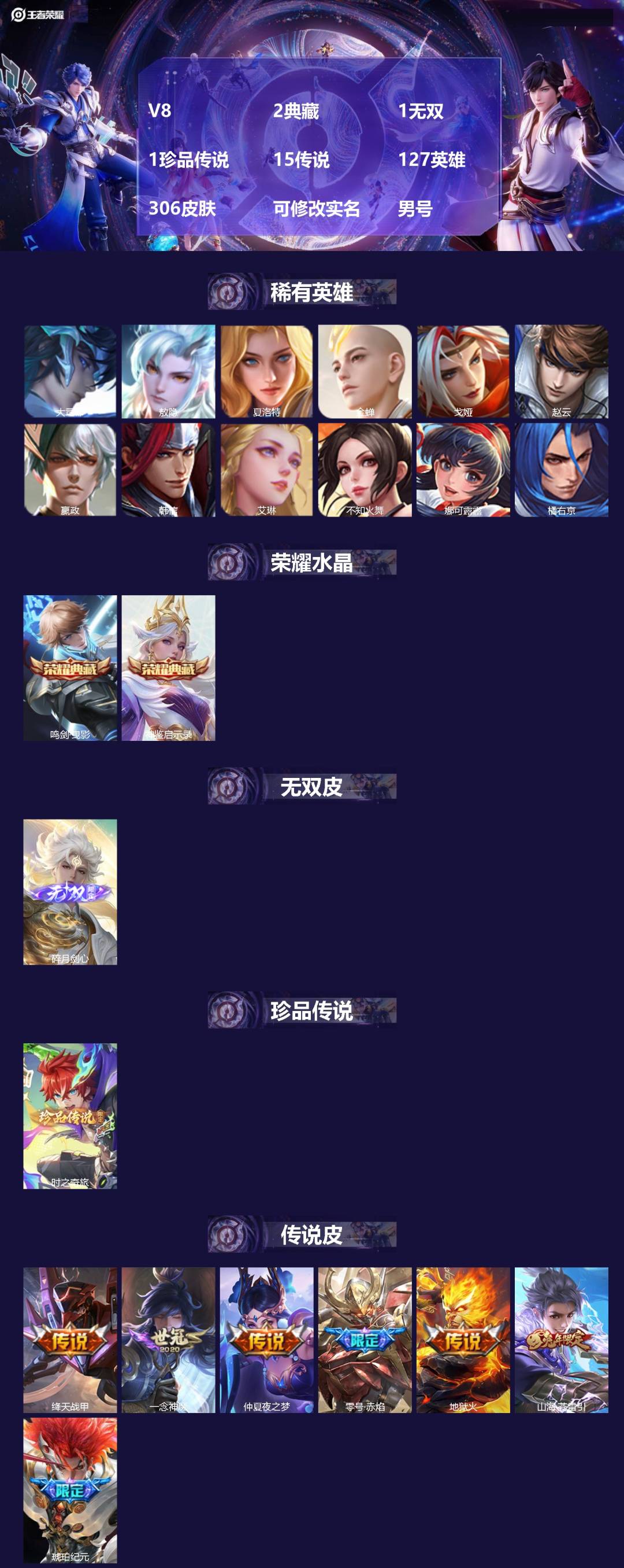 王者荣耀账号苹果QQ[18479780]V8 2典藏 1无双 1珍品传说 15传说 127英雄 306皮肤 可修改实名 