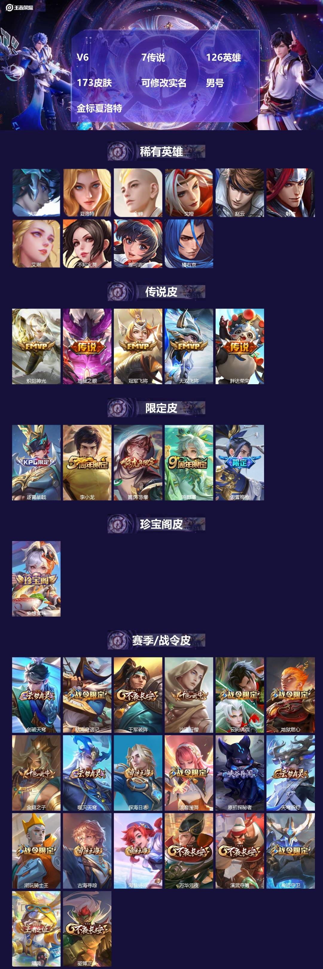 王者荣耀账号苹果QQ[]V6 7传说 126英雄 173皮肤 可修改实名 男号 金标夏洛特
【英雄全皮】大禹全皮
【稀有英雄】大司命,韩信(韩跳跳),夏洛特(夏师傅),艾琳,橘右京(橘子),娜可露露(鸟人),不知火舞,赵