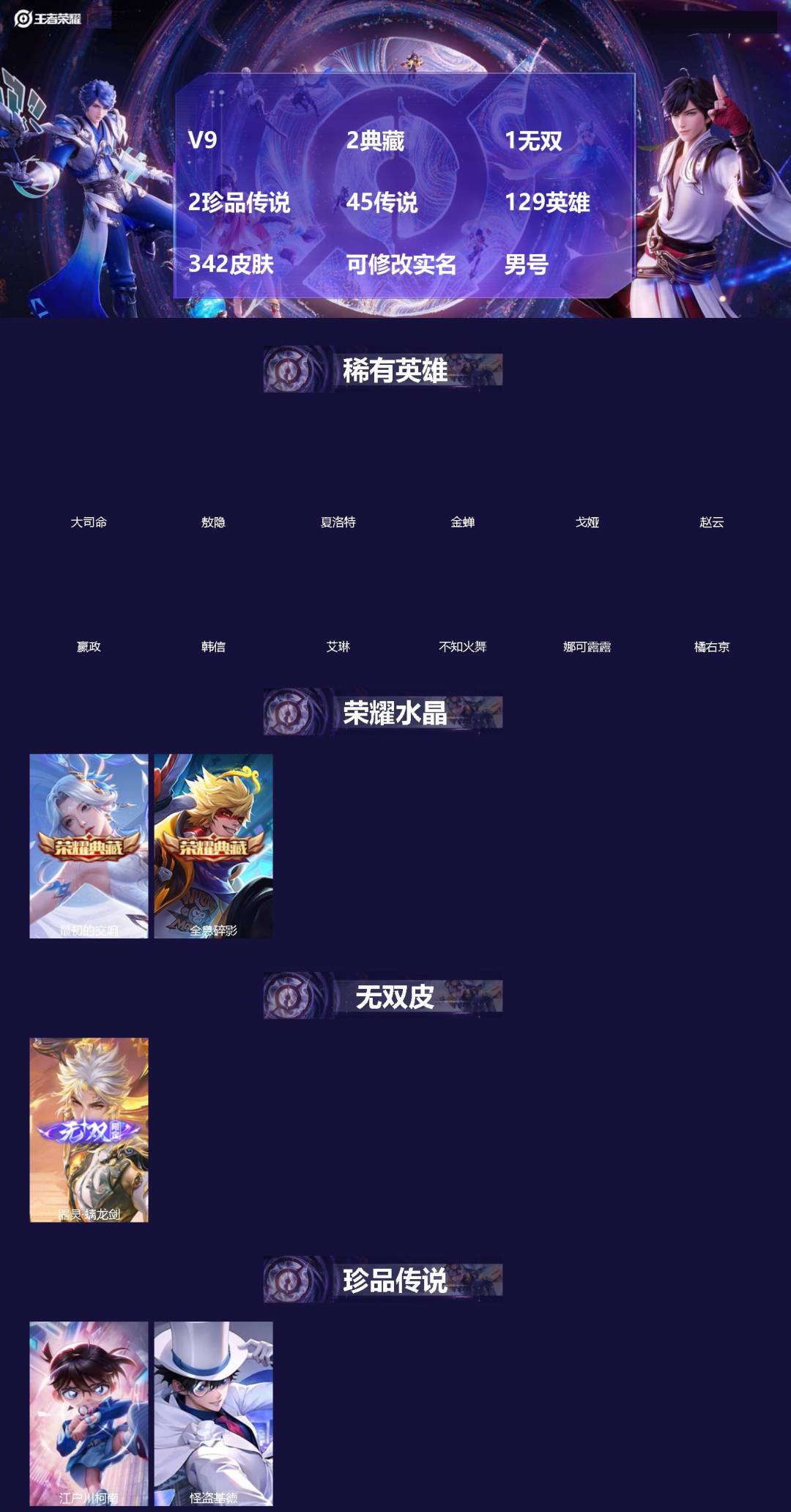 王者荣耀账号苹果QQ[]V9 2典藏 1无双 2珍品传说 45传说 129英雄 342皮肤 可修改实名 男号 
【英雄全皮】橘右京全皮,敖隐全皮,空空儿全皮,孙权全皮,蚩奼全皮,大禹全皮
【稀有英雄】敖隐(小龙人),大司