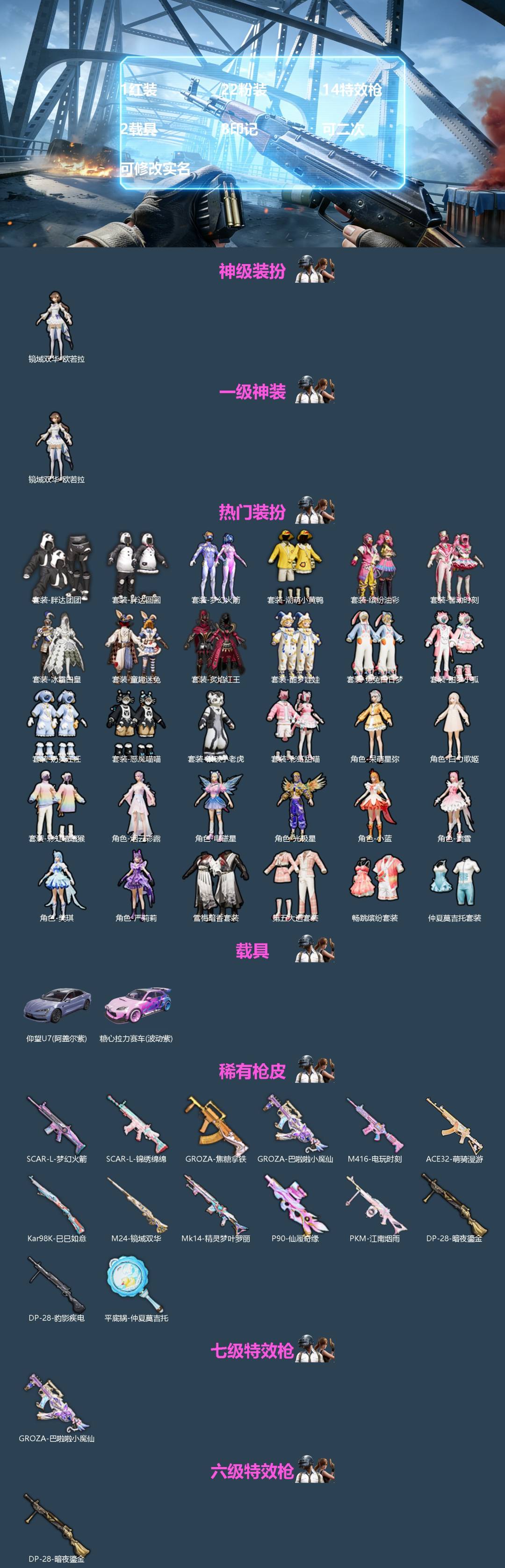 和平精英账号苹果微信[]1红装 22粉装 14特效枪 2载具 8印记 可二次 可修改实名 
【一级神装】一级镜域双华-欧若拉
【热门装扮】梦幻火箭(新101) ,缤纷油彩(猪妹猪脸妹),童趣迷兔,馨动时刻,炙焰红王,冰霜