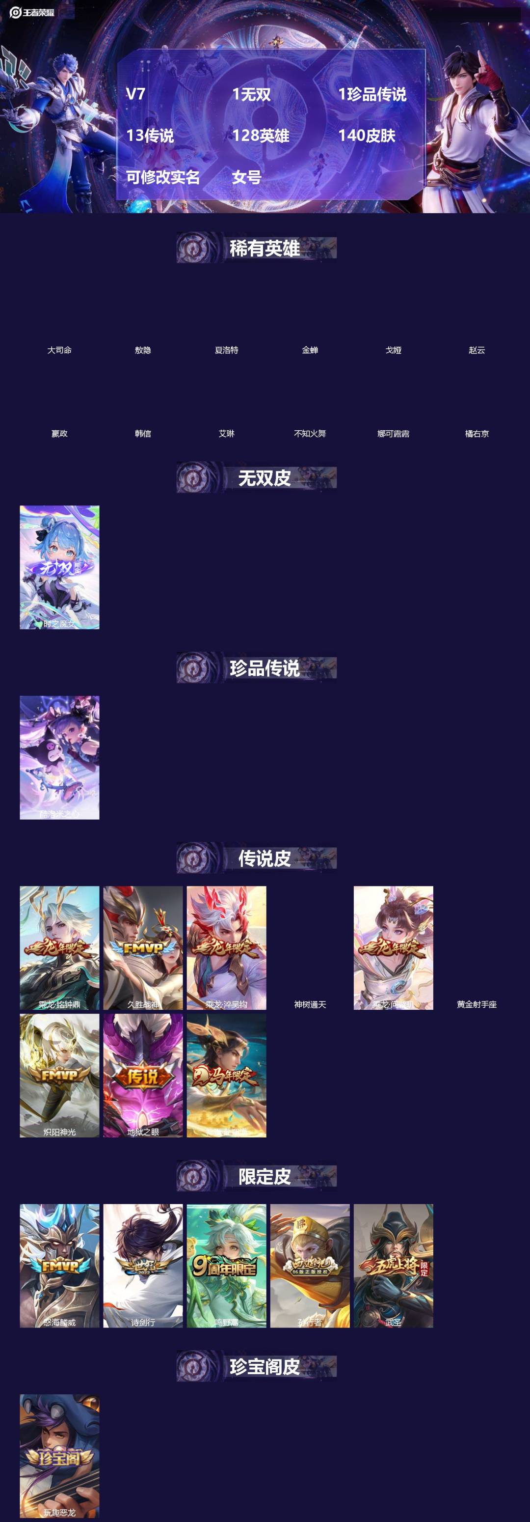 王者荣耀账号苹果VX[]V7 1无双 1珍品传说 13传说 128英雄 140皮肤 可修改实名 女号 
【英雄全皮】敖隐全皮,大禹全皮
【稀有英雄】敖隐(小龙人),大司命,嬴政(始皇帝),韩信(韩跳跳),夏洛特(夏师傅)