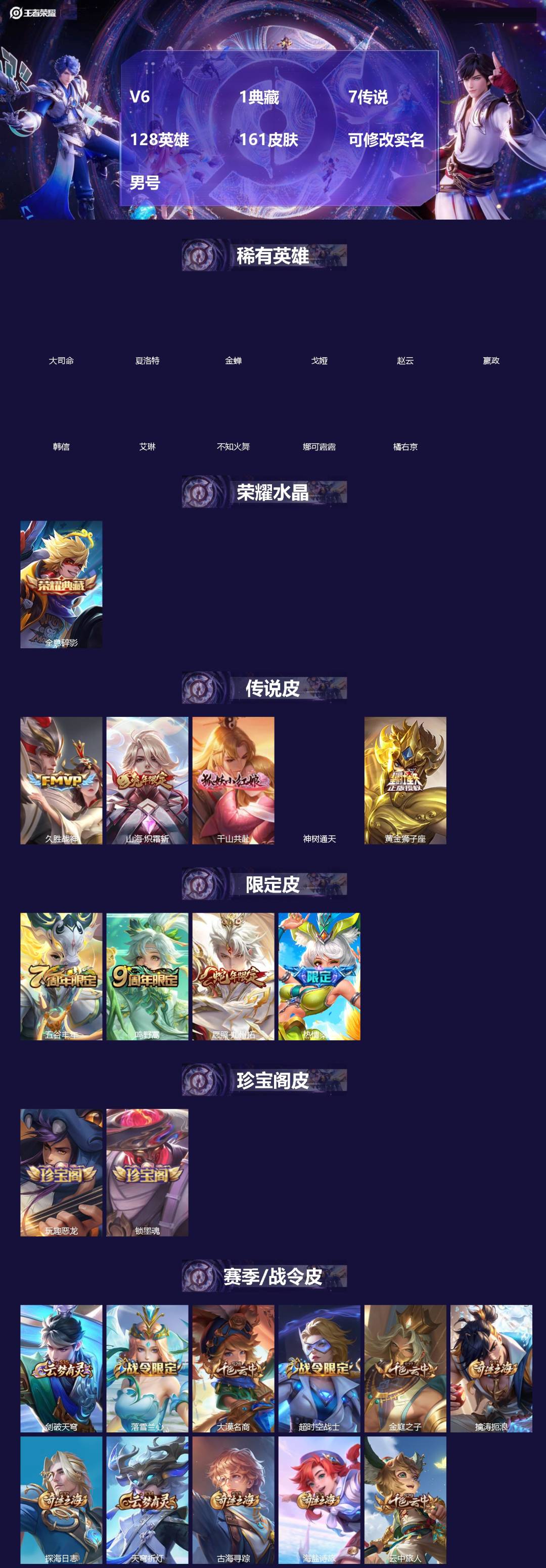 王者荣耀账号安卓QQ[18503960]V6 1典藏 7传说 128英雄 161皮肤 可修改实名 男号 
【英雄全皮】大